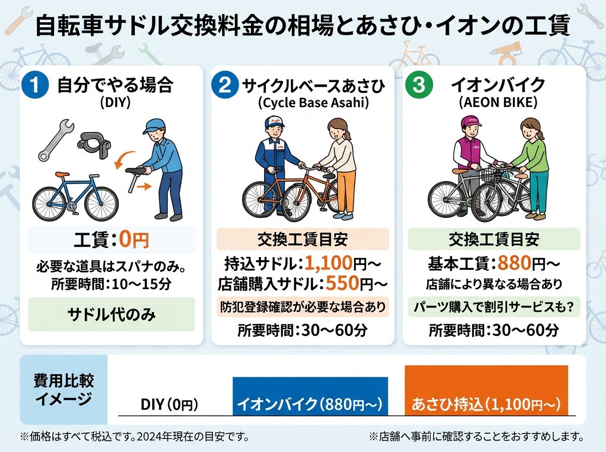 自転車サドル交換料金の相場とあさひ・イオンの工賃