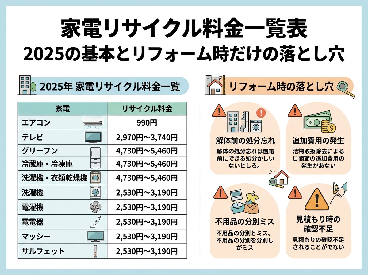 家電リサイクル料金一覧 表 2025の基本と「リフォーム時だけの落とし穴」