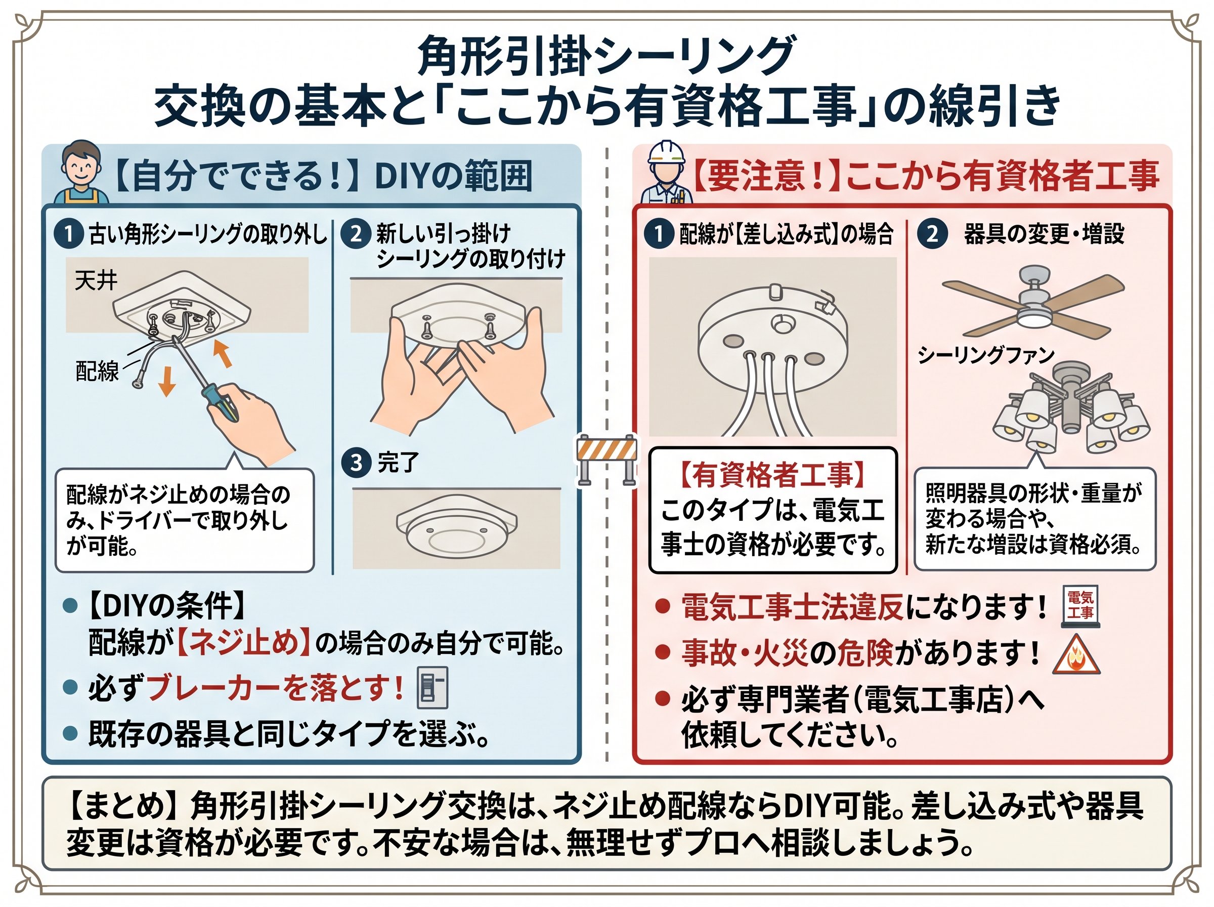 角形引掛シーリング 交換の基本と「ここから有資格工事」の線引き