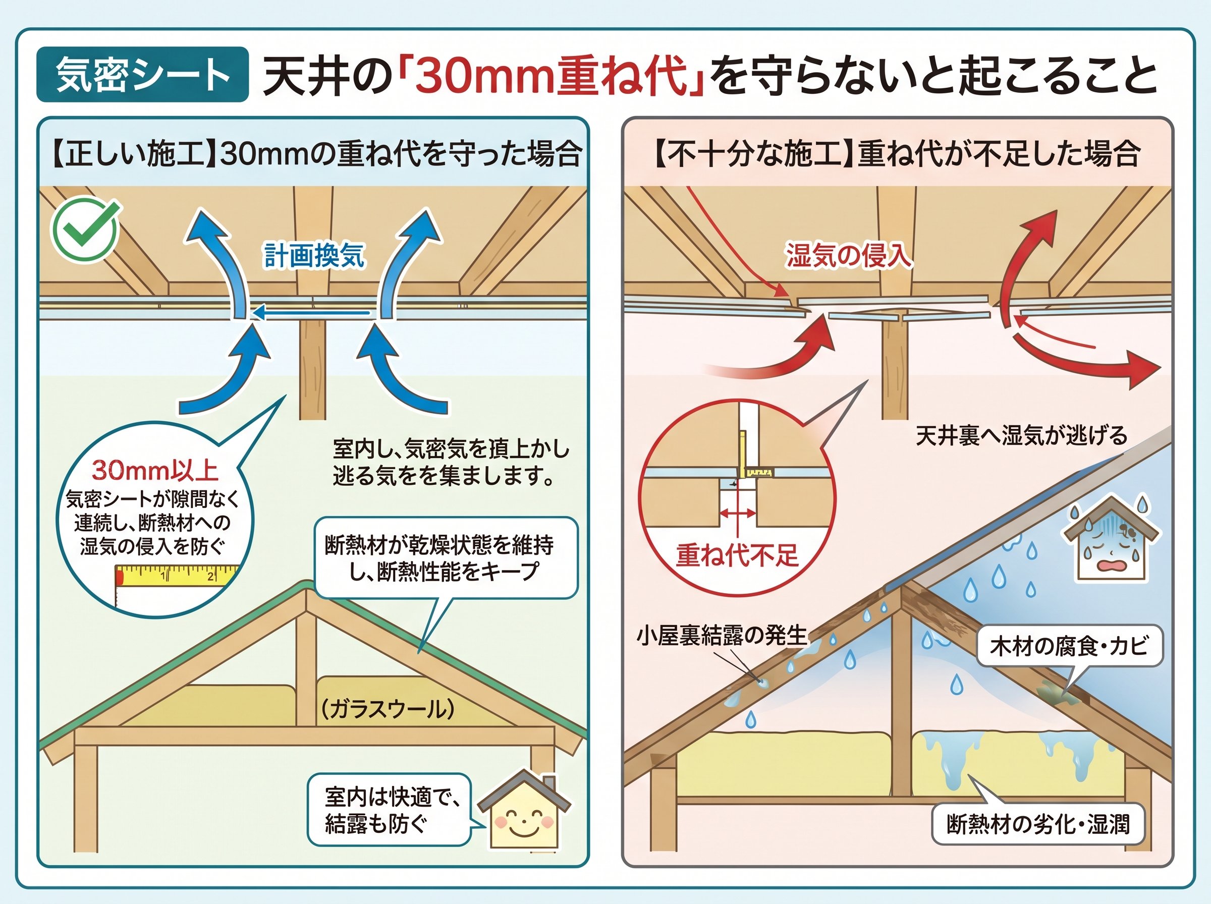 気密シート 天井の「30mm重ね代」を守らないと起こること