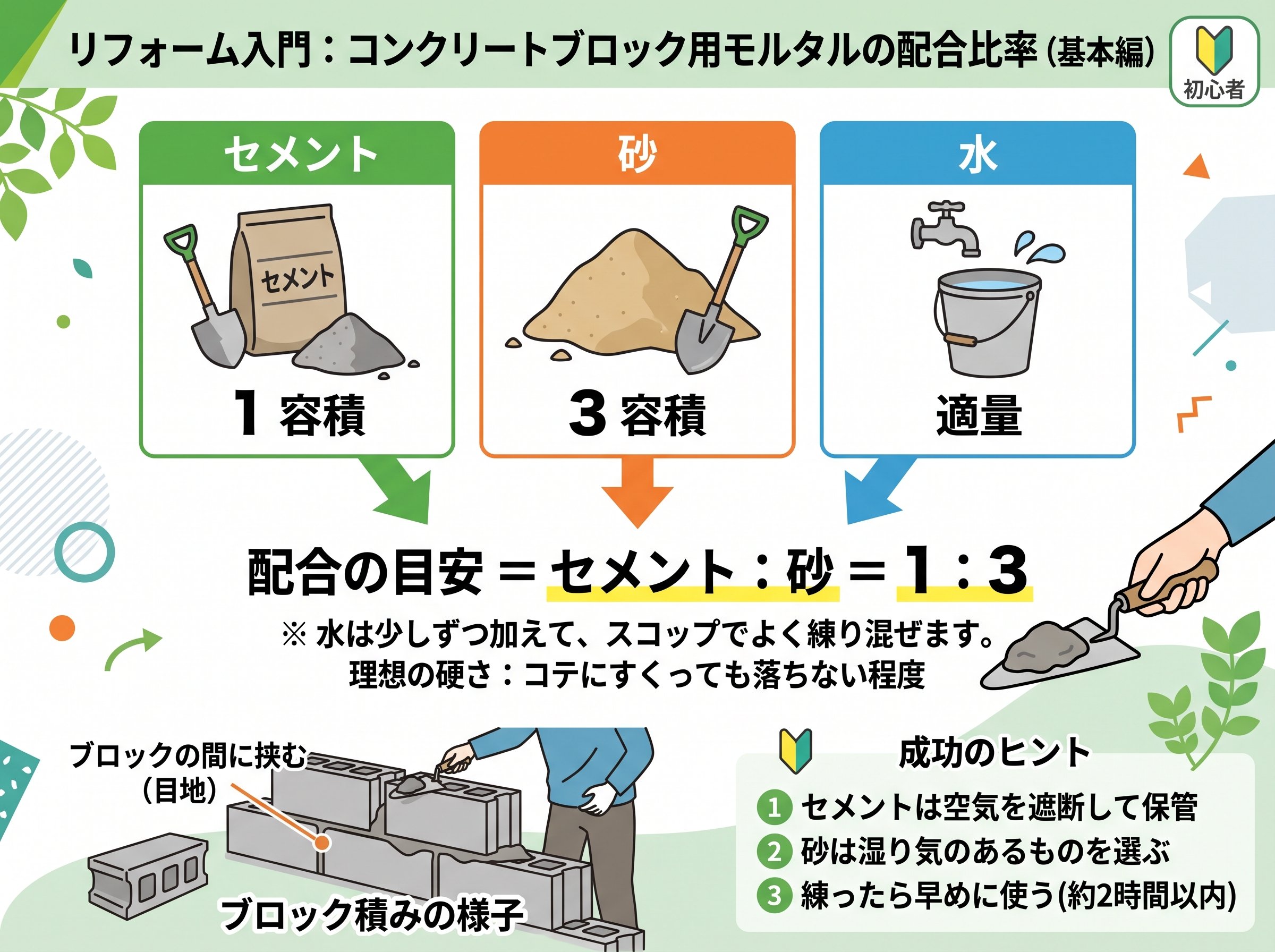 TOYO工業福岡…
水平調整では、隣のブロックや下のブロックに面を合わせるように置くと美しく仕上がります。水平器をブロックの上に置き、左右前後の水平を確認しながら少しずつハンマーで叩いていきますが、この時ハンマーを持っていない方の手でブロックを軽く押さえて支えるとズレにくくなります。
基本はこれだけです。
ただし、仕上がりの精度を高めるには水糸という基準線を張っておき、それに合わせてブロックの位置を決めることが推奨されます。隙間ができないようにするには、隣のブロックとは反対側を先に叩き、最後に隣側を叩くと隙間なく積めます。
施工後は、必要のない穴にモルタル詰めを行い、目地を切って掃除すれば完成です。
![コンクリートブロック用モルタル配合比率