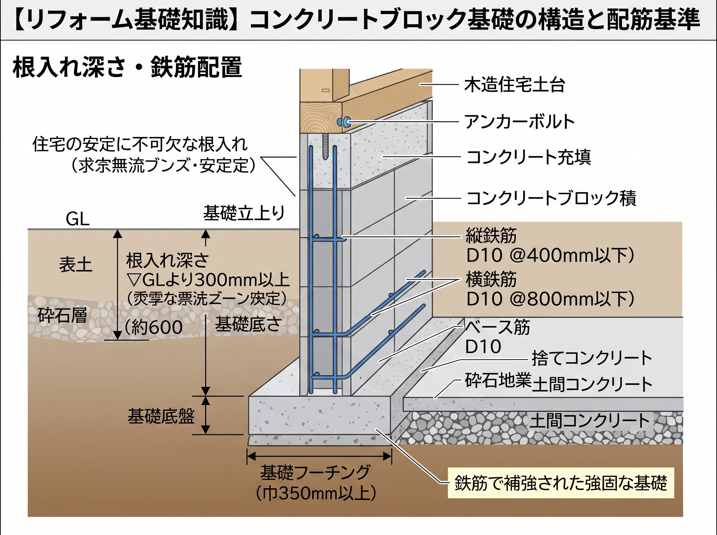 コンクリートブロック基礎の根入れ深さと鉄筋配置