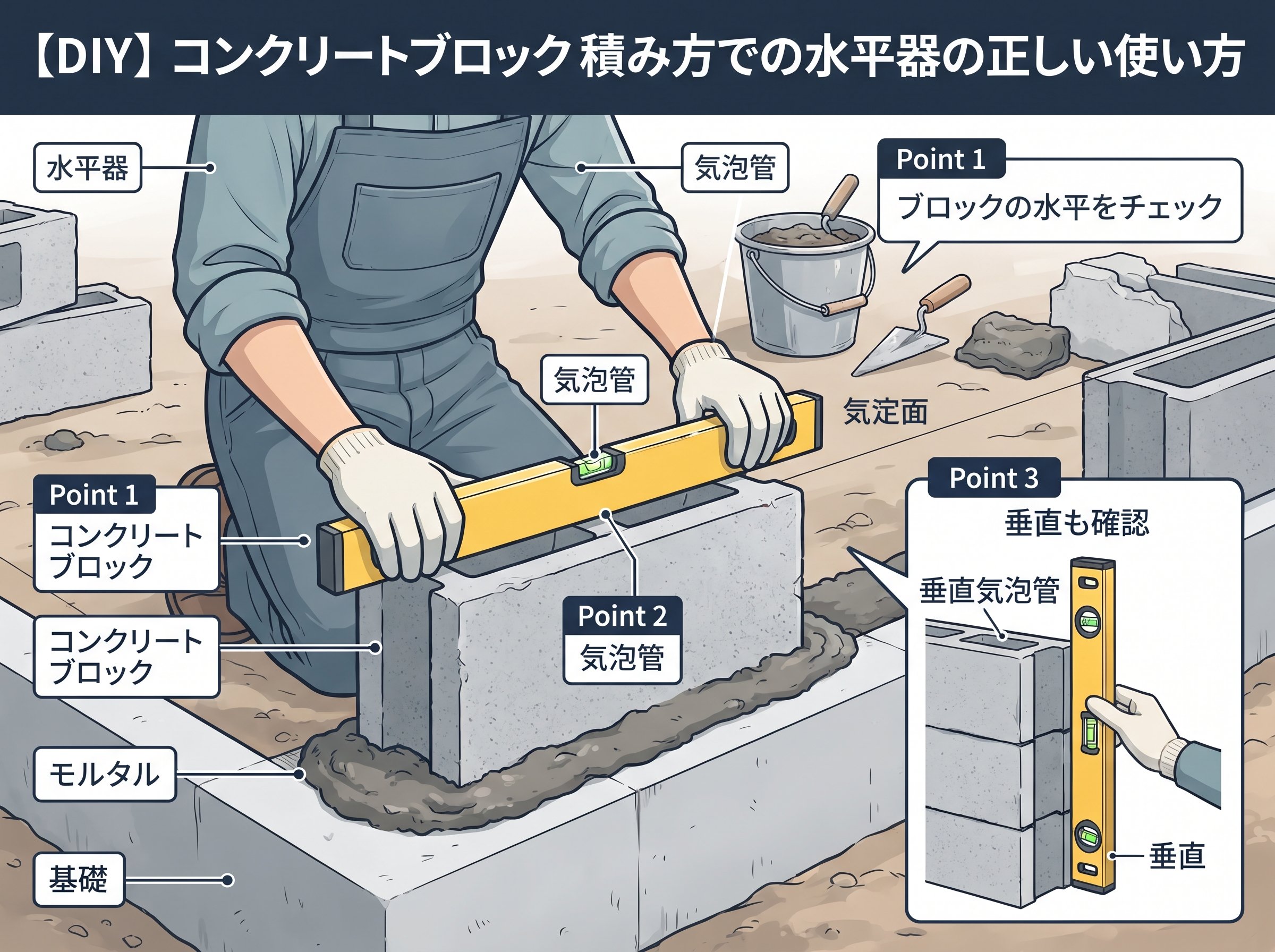 コンクリートブロック積み方での水平器の正しい使い方