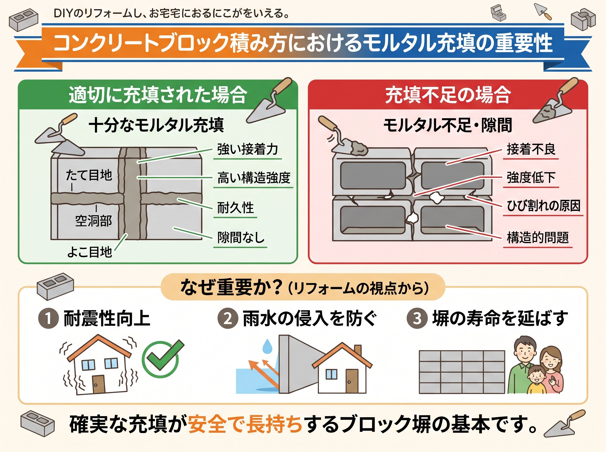 コンクリートブロック積み方でのモルタル充填の重要性