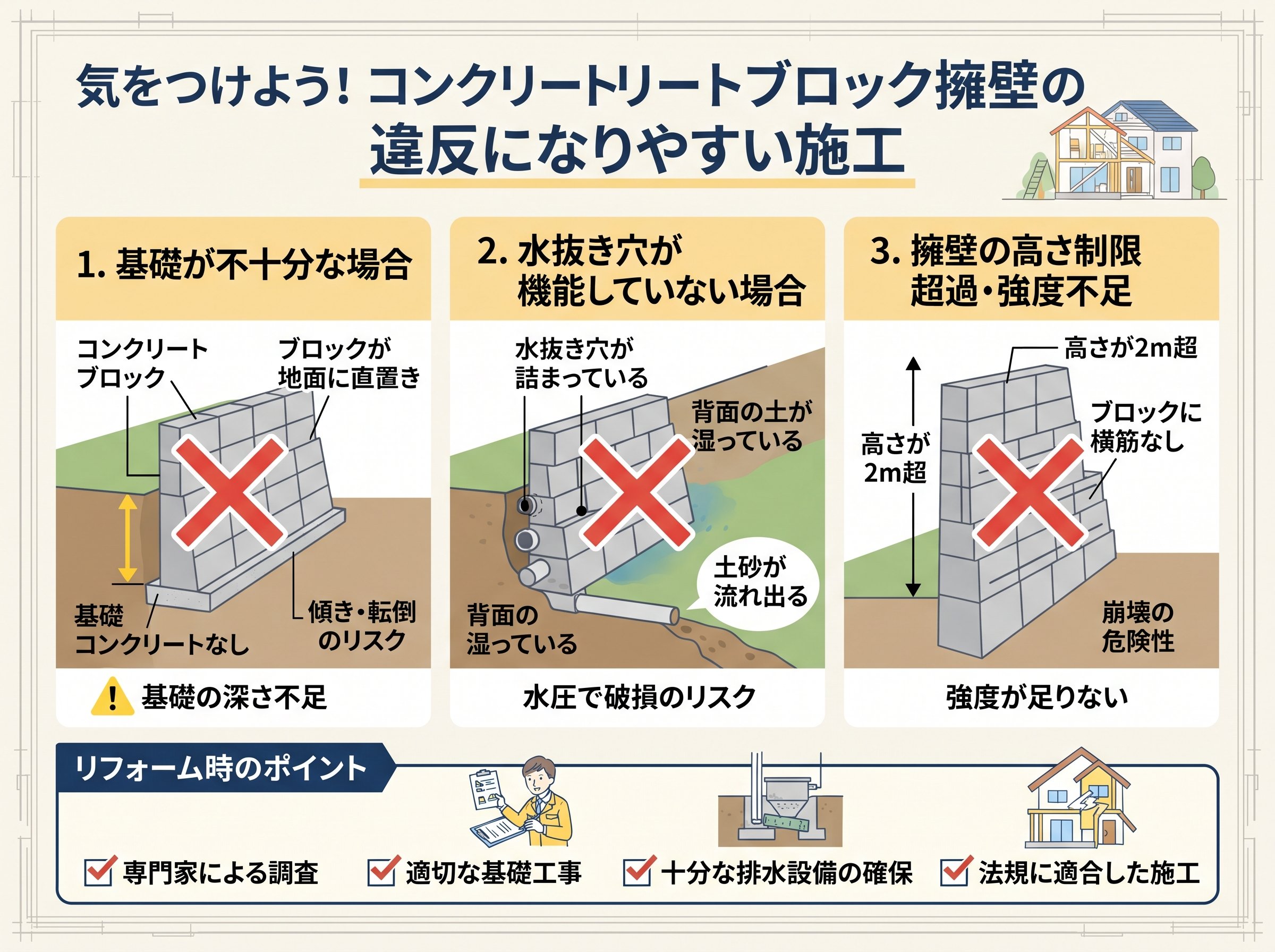 コンクリートブロック擁壁の違反になりやすい施工
