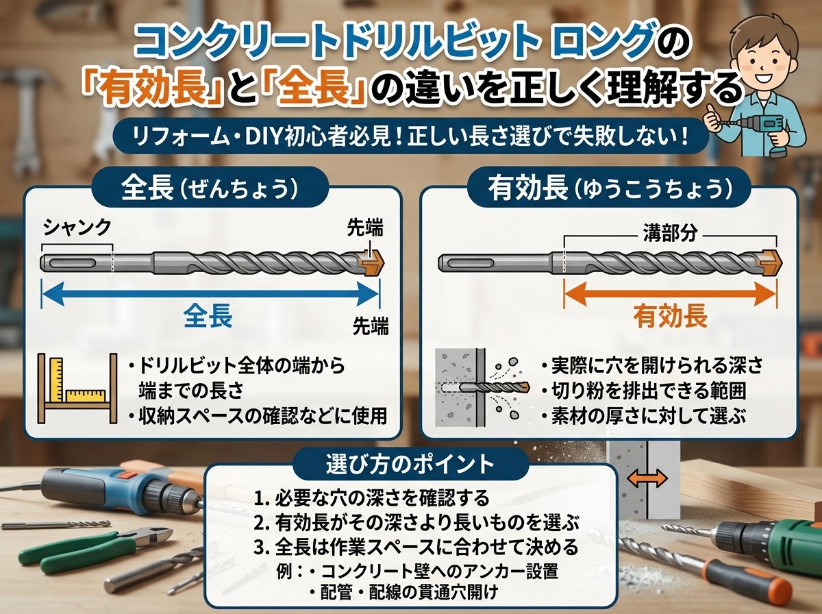 コンクリートドリルビット ロングの「有効長」と「全長」の違いを正しく理解する