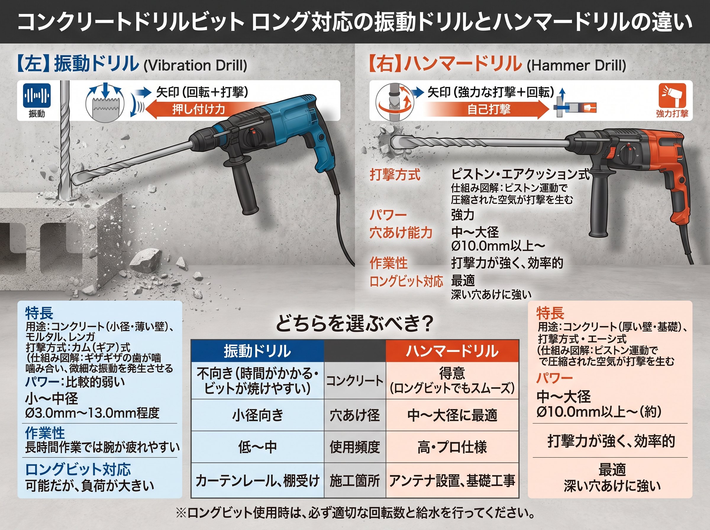 コンクリートドリルビット ロング対応の振動ドリルとハンマードリルの違い