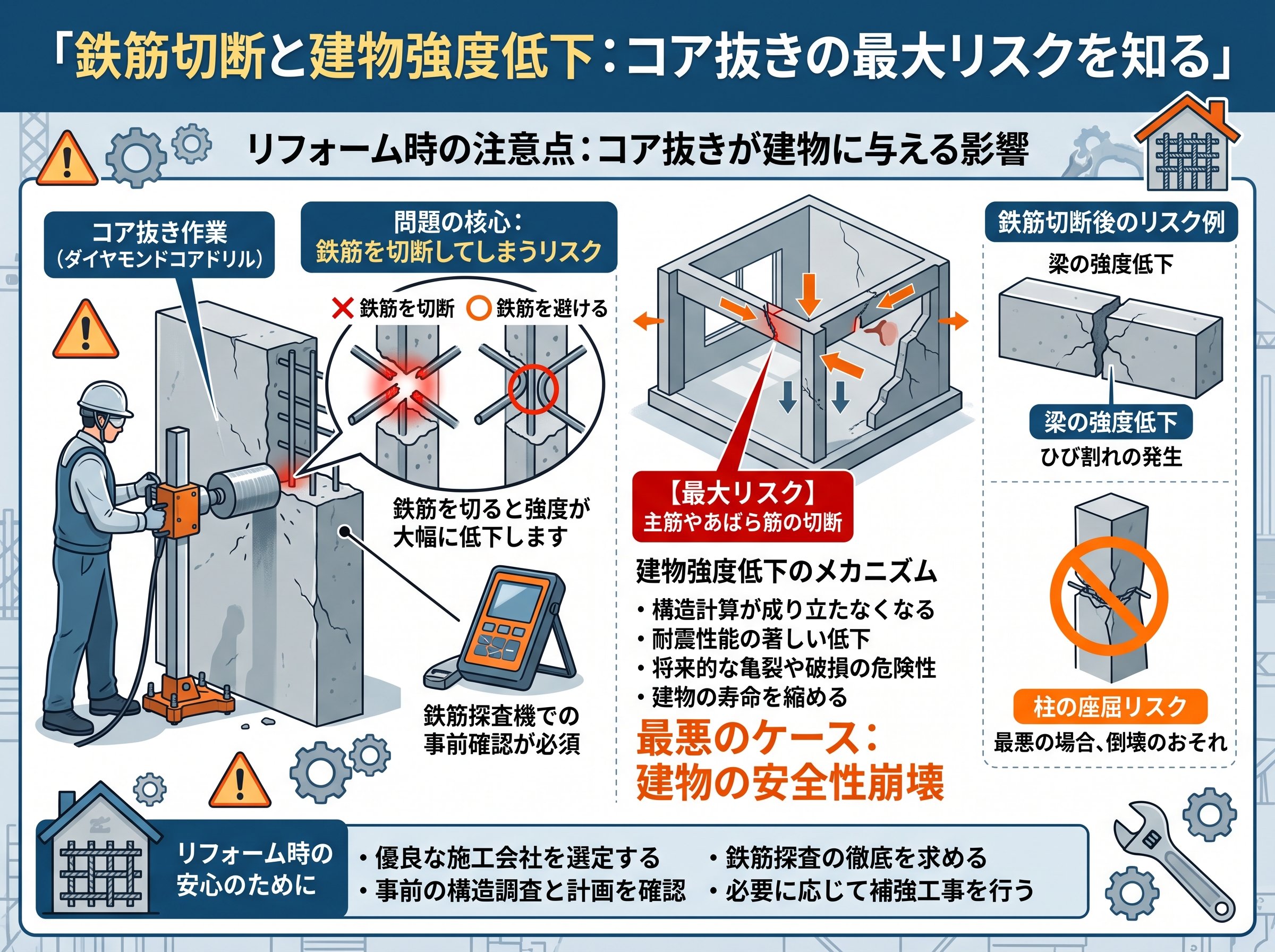 鉄筋切断と建物強度低下：コア抜きの最大リスクを知る