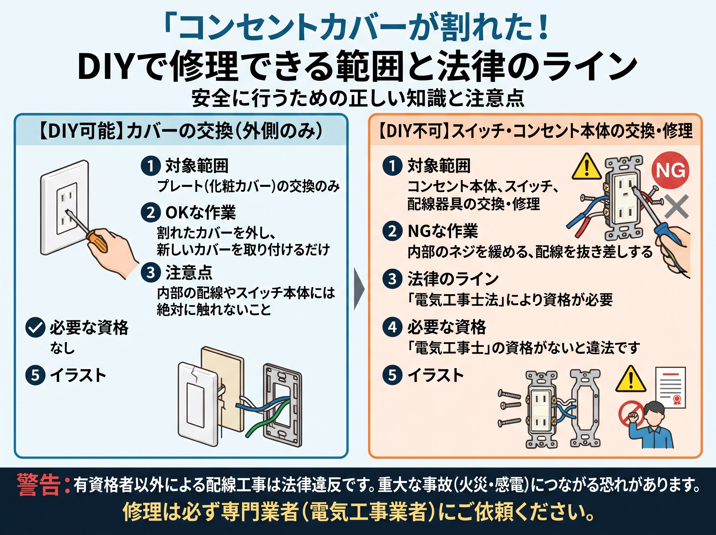 コンセントカバー割れた 修理でDIYしていい範囲と法律のライン