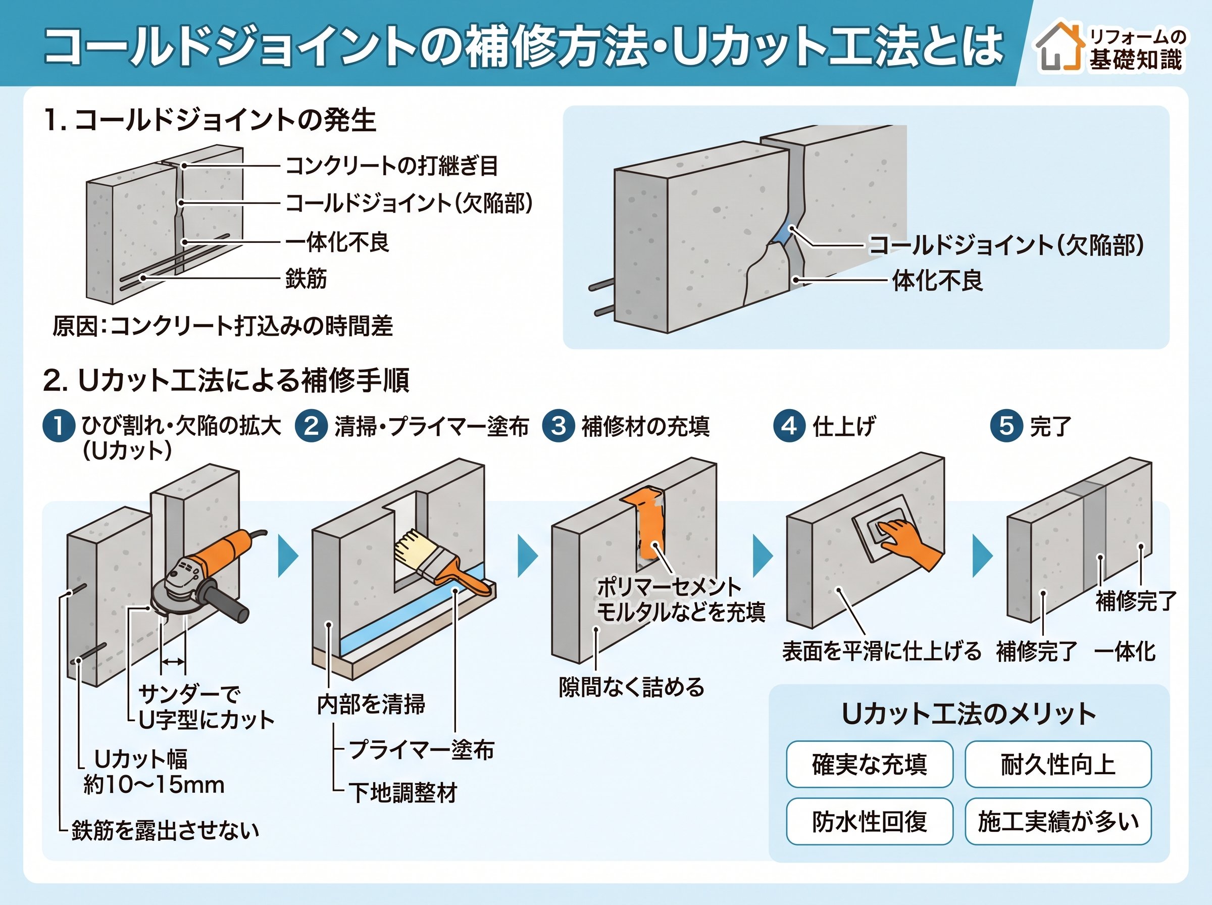 コールドジョイントの補修方法・Uカット工法とは