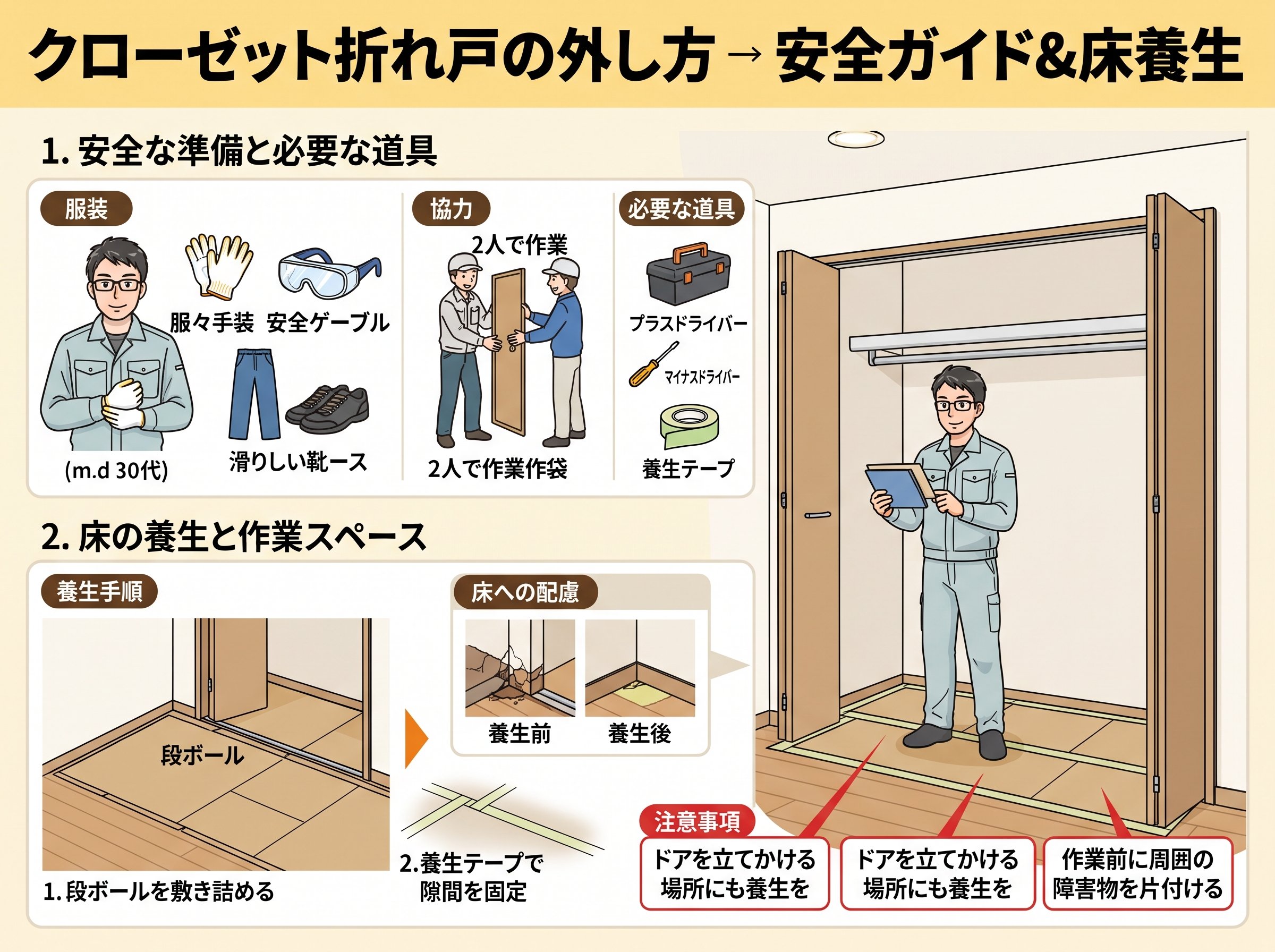 クローゼットドア 折れ戸 外し方の安全準備と床養生