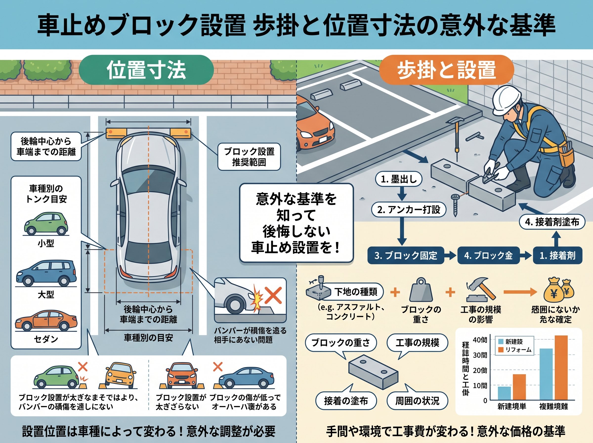 車止めブロック設置 歩掛と位置寸法の意外な基準