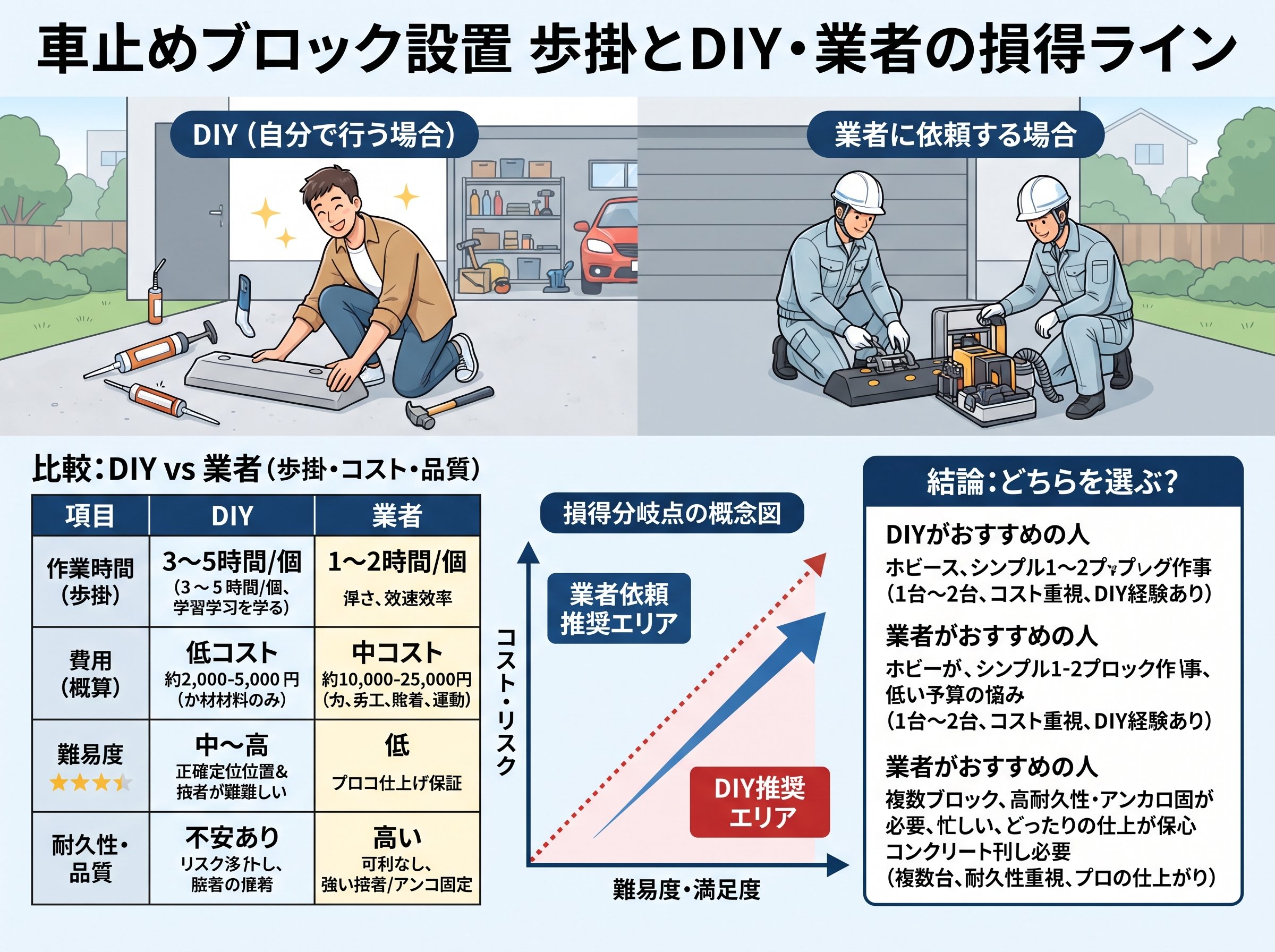 車止めブロック設置 歩掛とDIY・業者の損得ライン