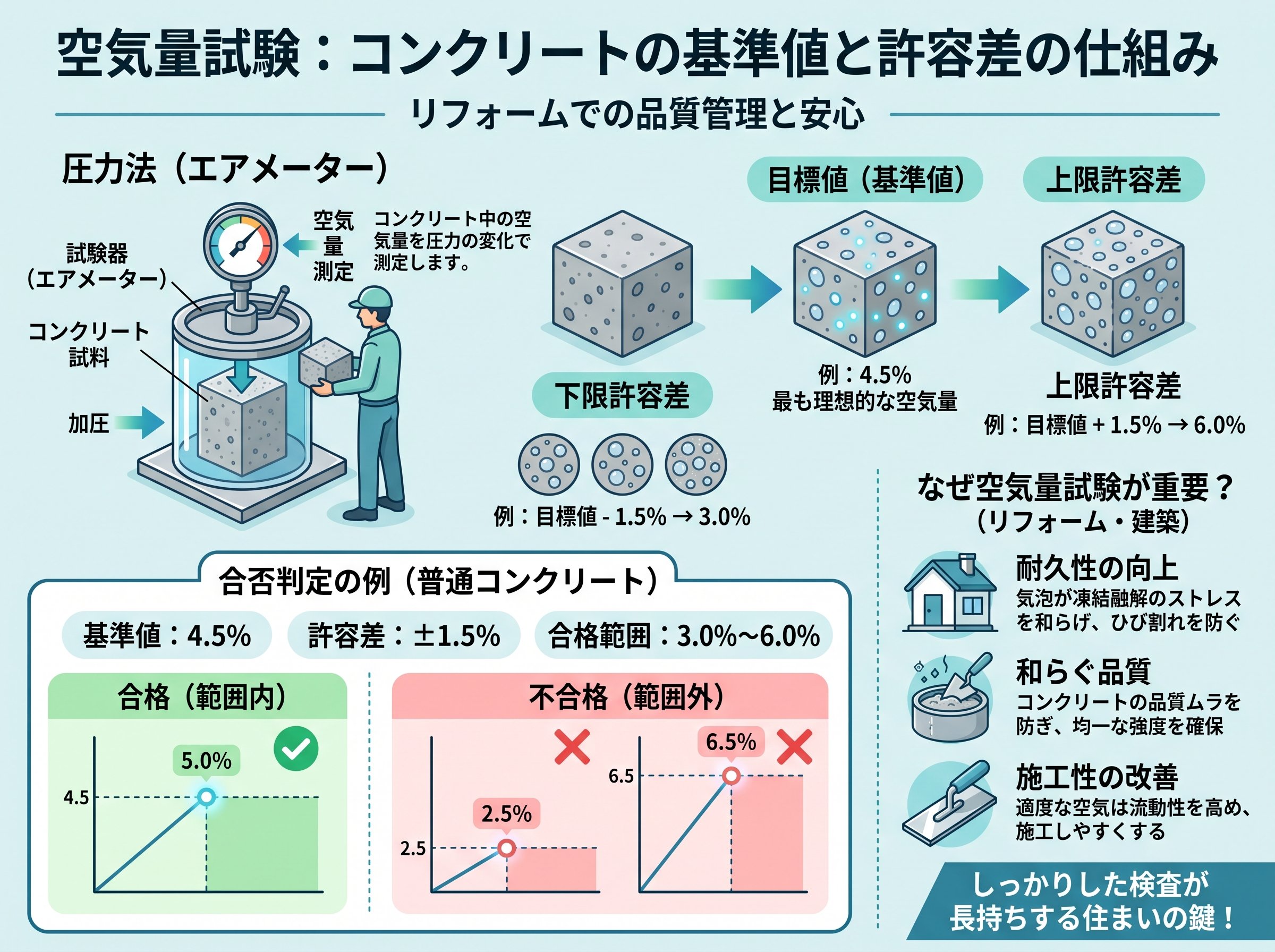 空気量試験コンクリートの基準値と許容差の仕組み
