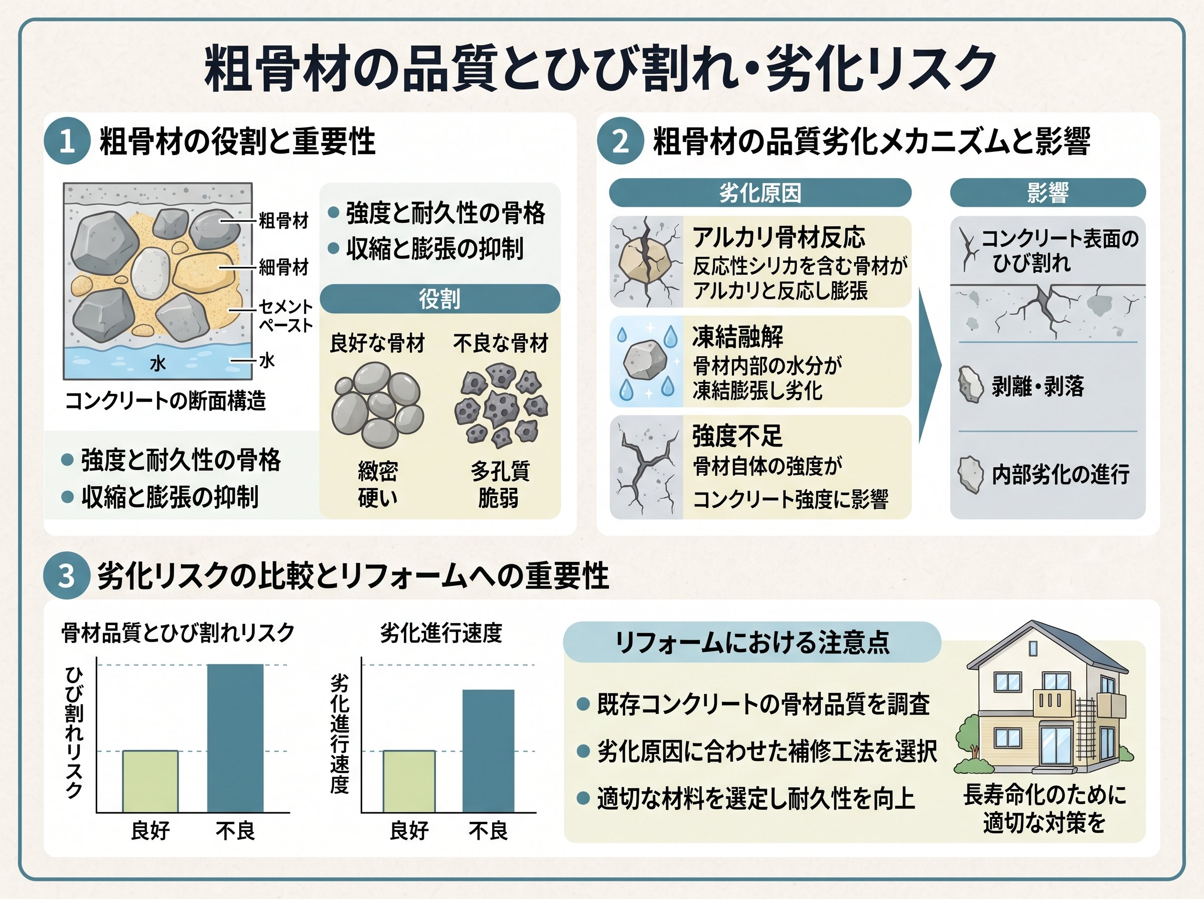 粗骨材の品質とひび割れ・劣化リスク