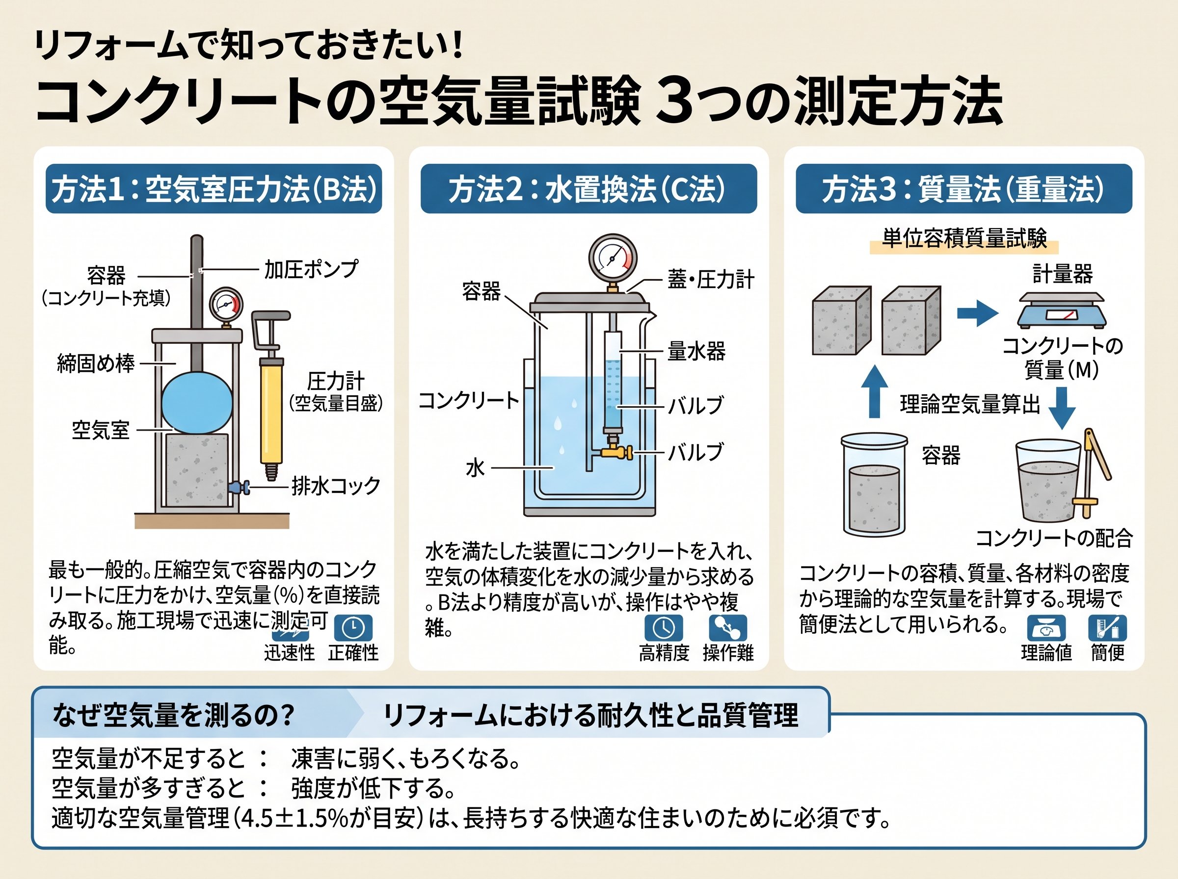 空気量試験コンクリートで使う3種類の測定方法とは