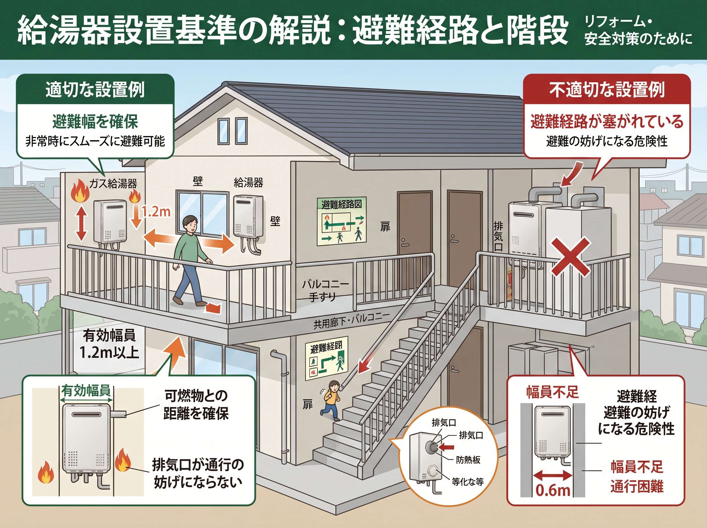 給湯器設置基準の避難経路と階段