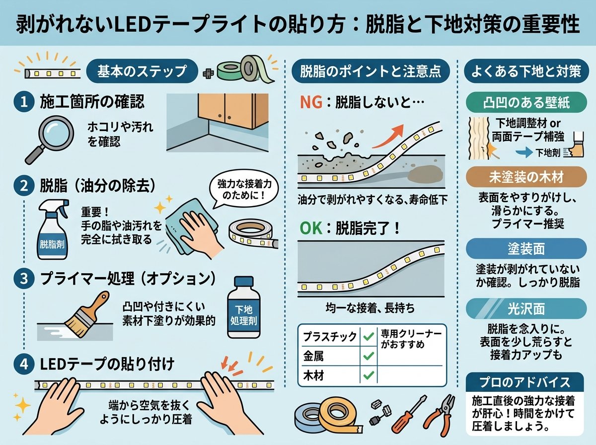 ledテープライト貼り方で剥がれないための脱脂と下地対策