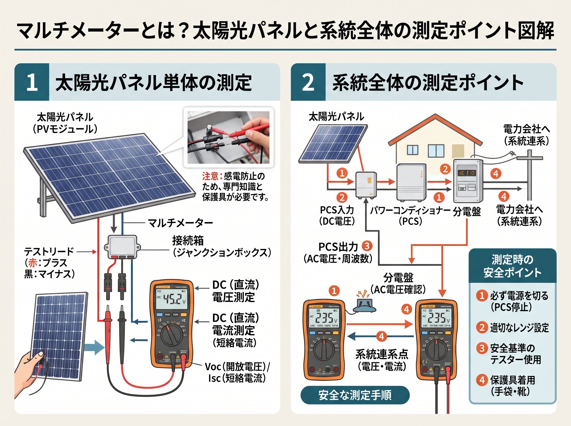 マルチメーターとは 太陽光パネル単体と系統全体の測定ポイント