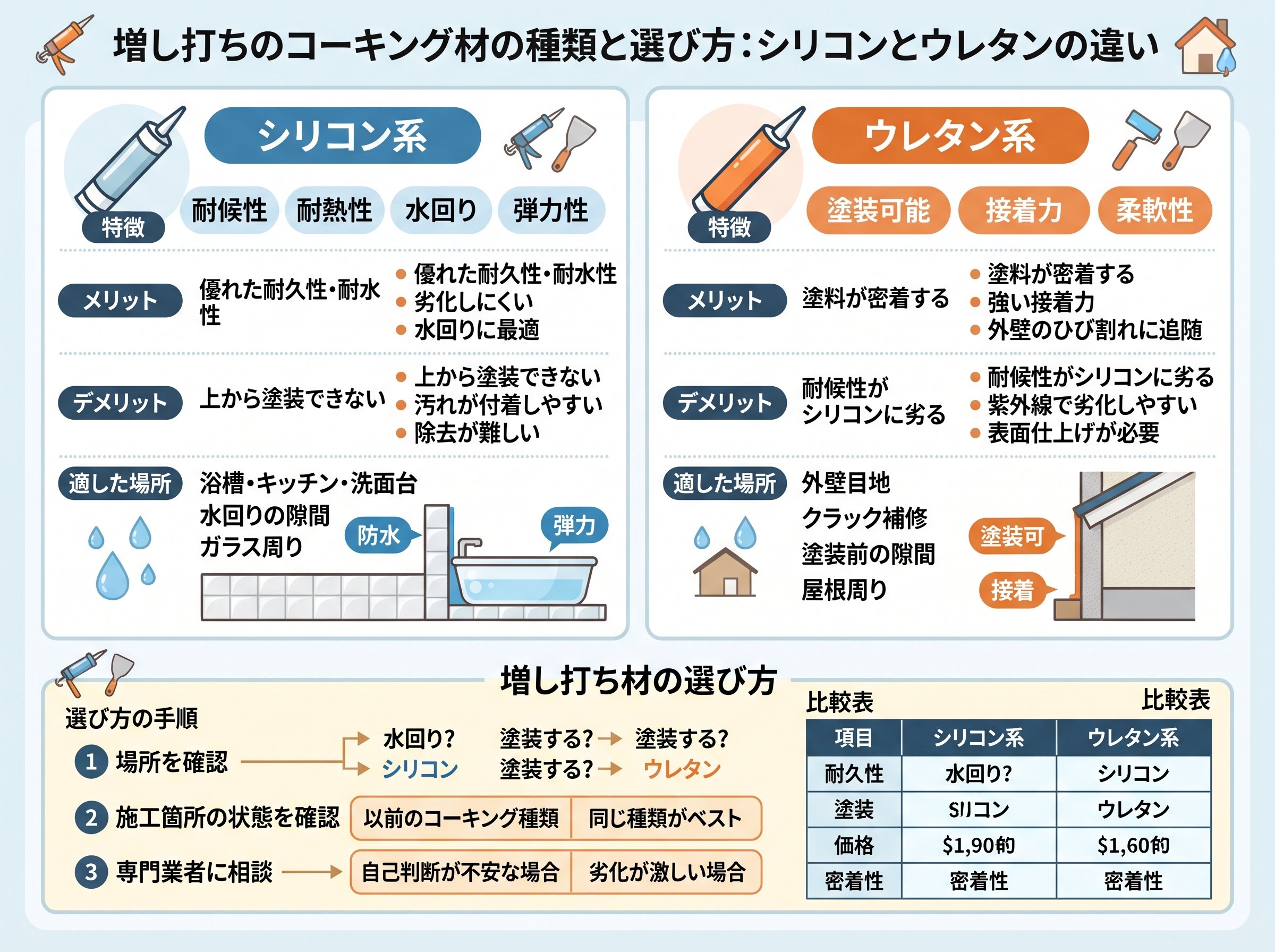 増し打ちのコーキング材の種類と選び方:シリコンとウレタンの違い