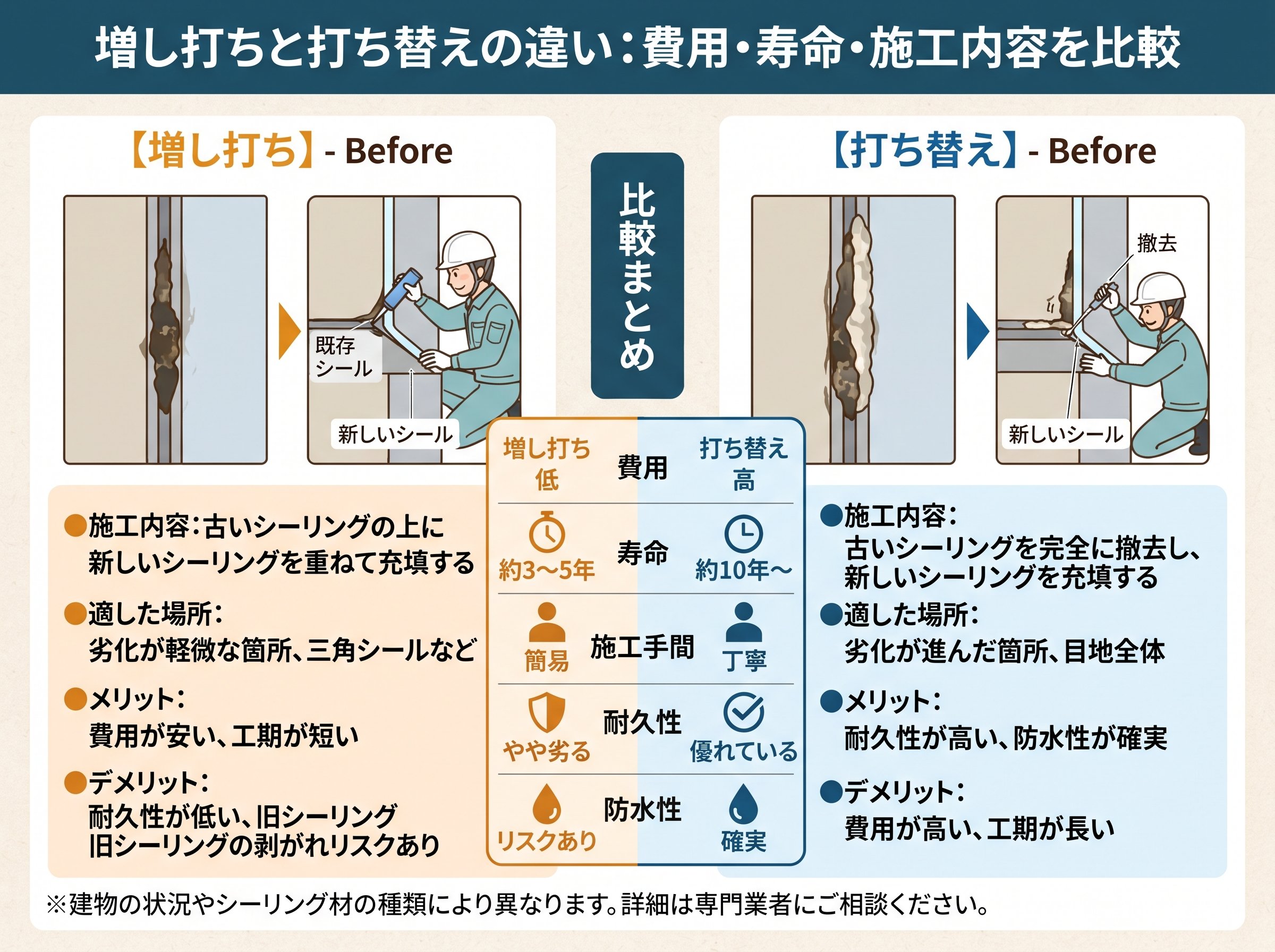 増し打ちと打ち替えの違い:費用・寿命・施工内容を比較