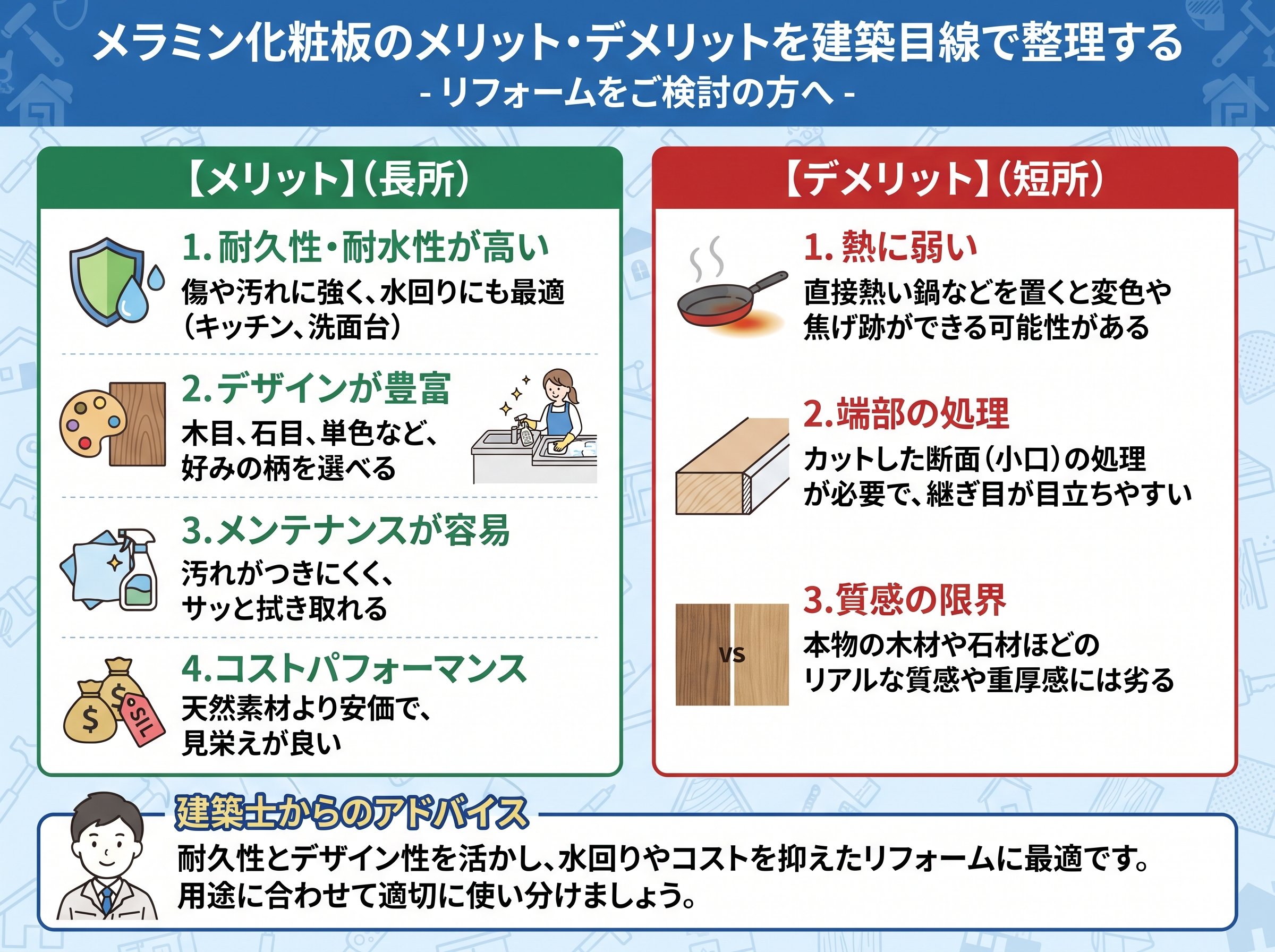 メラミン化粧板のメリット・デメリットを建築目線で整理する