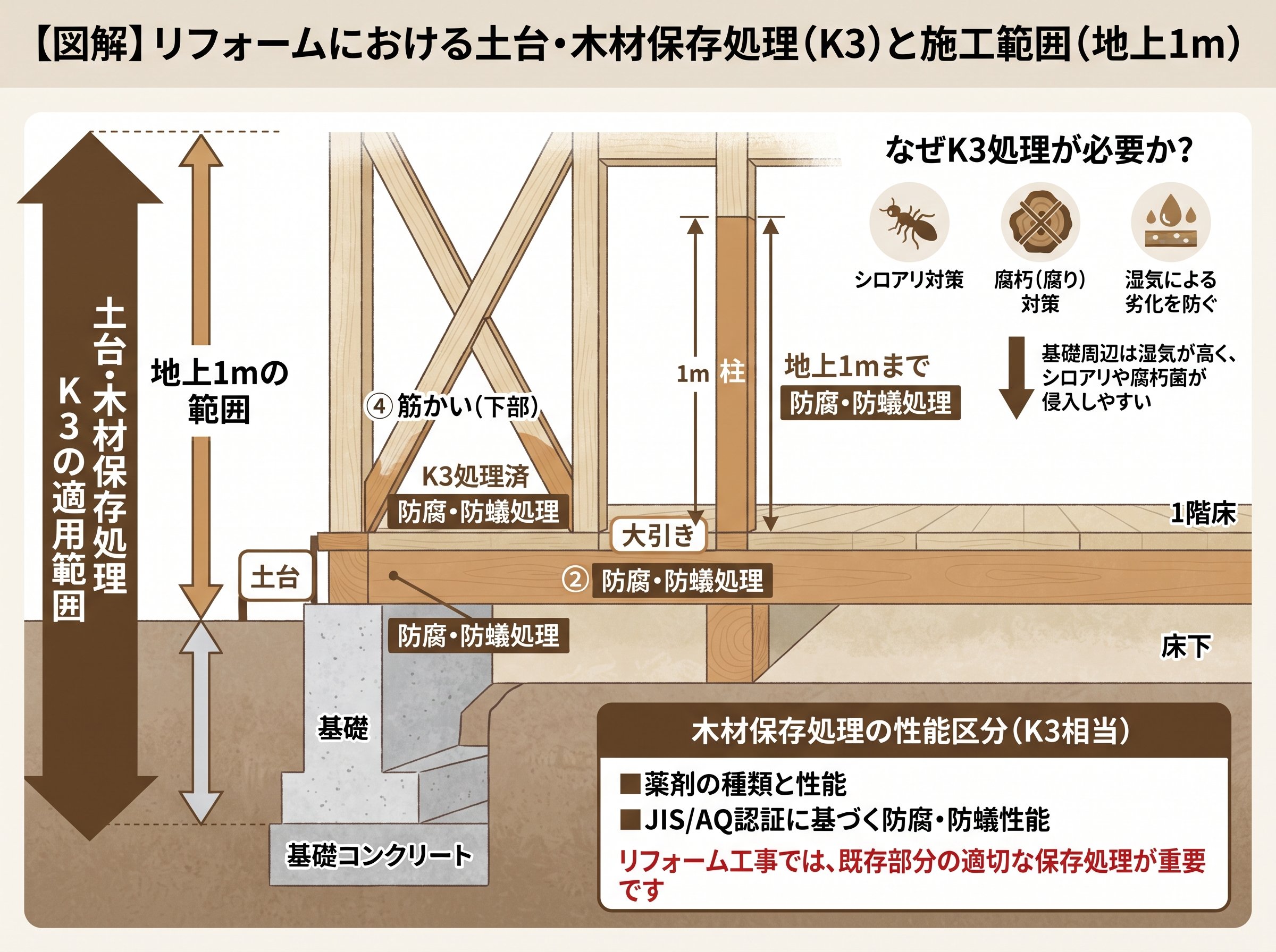 木材保存処理 k3 と 土台 1m の範囲