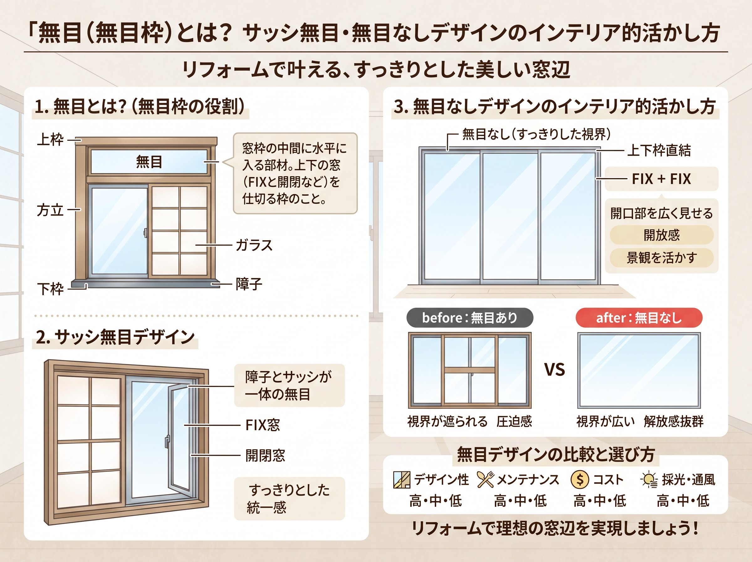 無目とは サッシ 無目枠・無目なしデザインのインテリア的活かし方