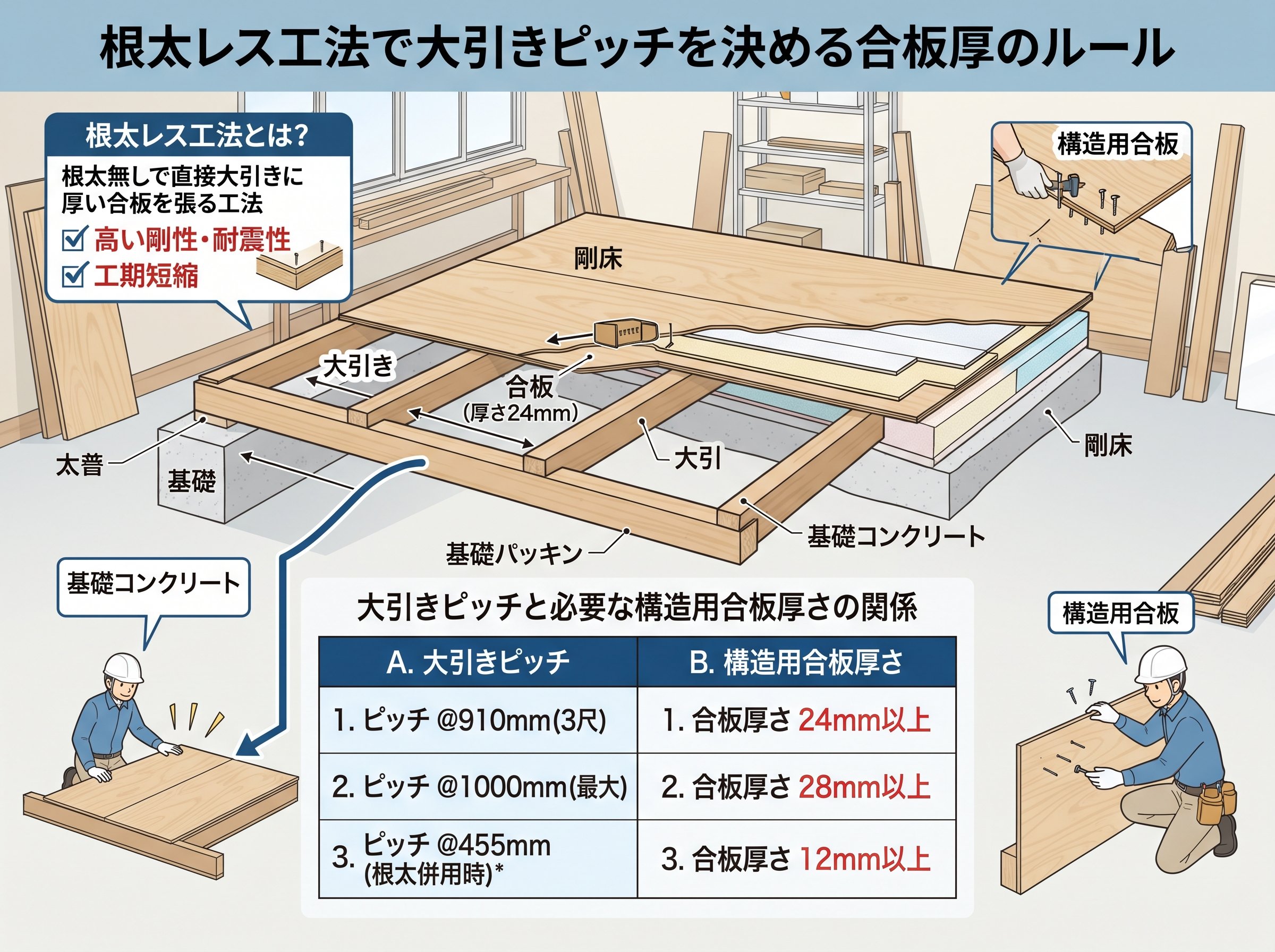 根太レス工法で大引きピッチを決める合板厚のルール