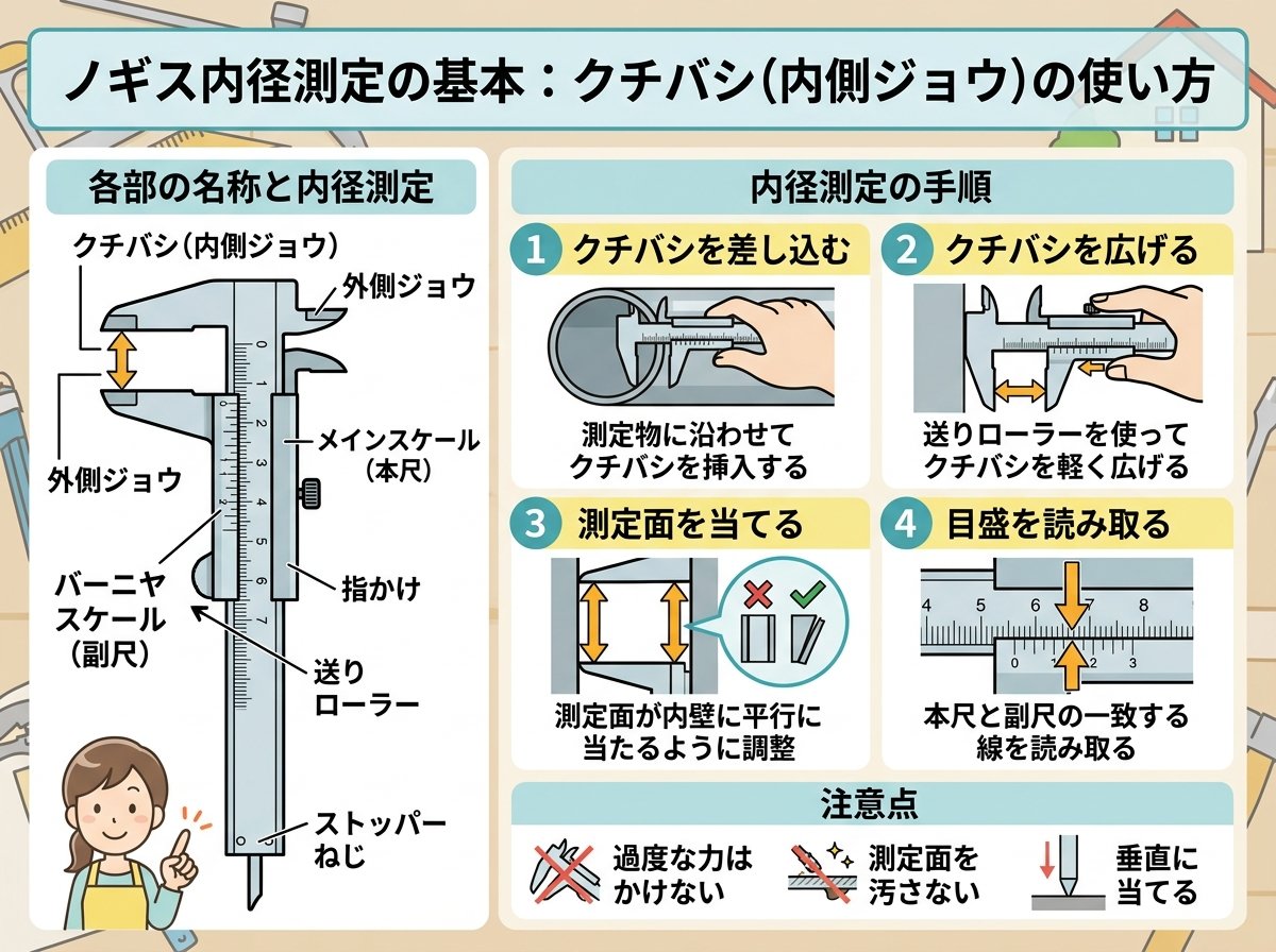 ノギス内径測定の基本:クチバシ(内側ジョウ)の使い方