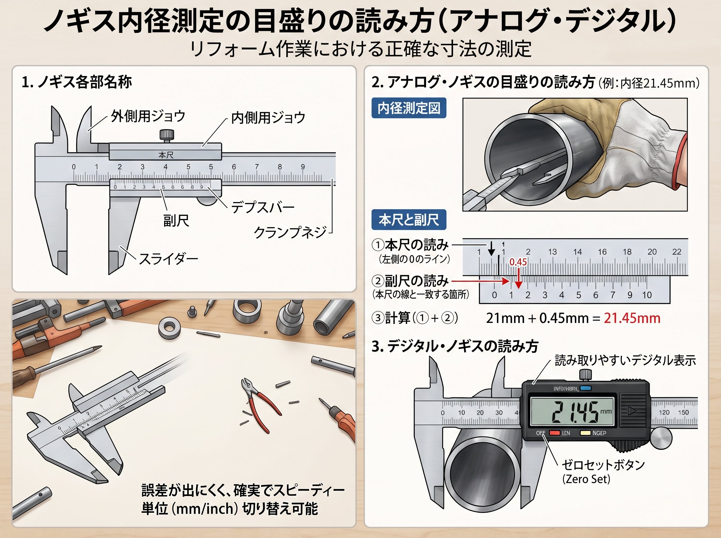 ノギス内径測定の目盛りの読み方(アナログ・デジタル)