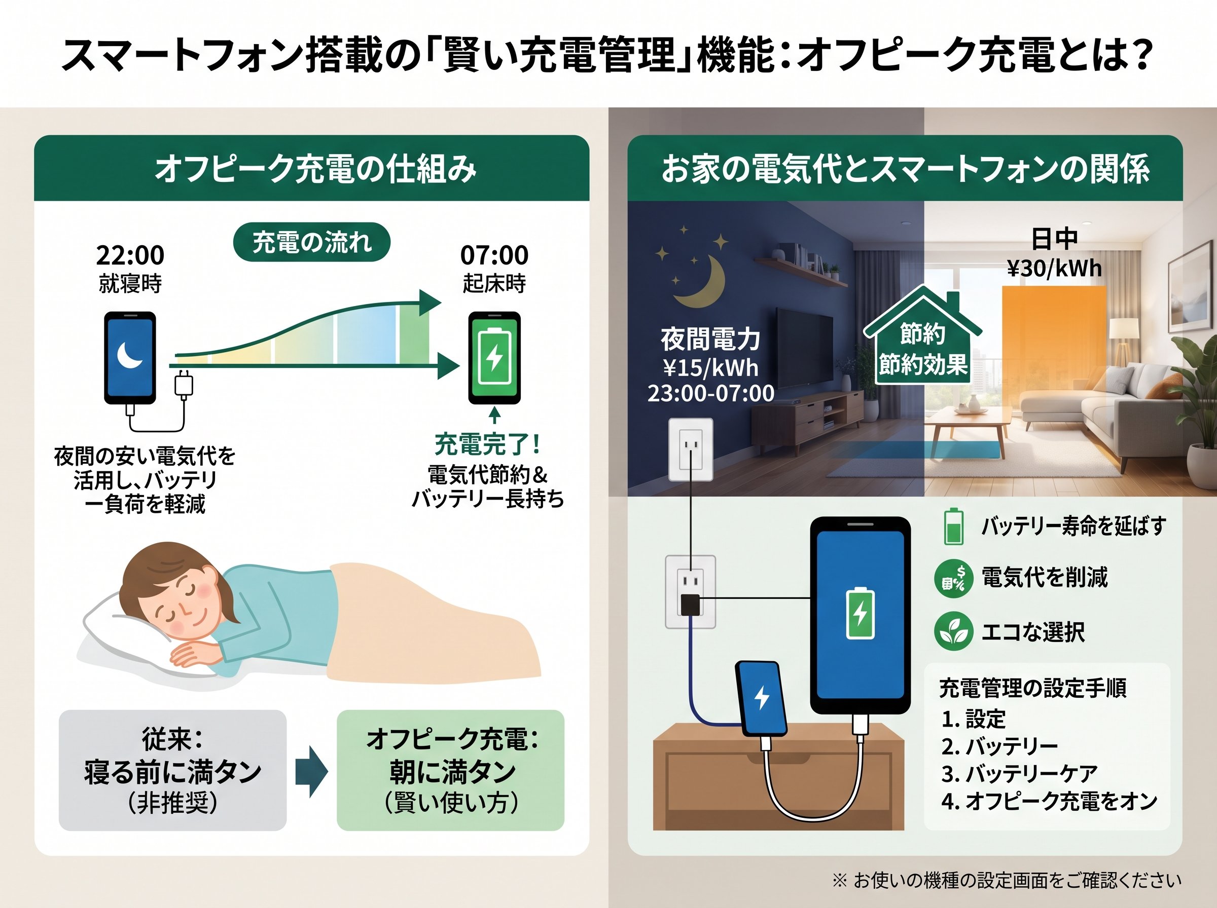 オフピーク充電とはスマホに搭載された「賢い充電管理」機能