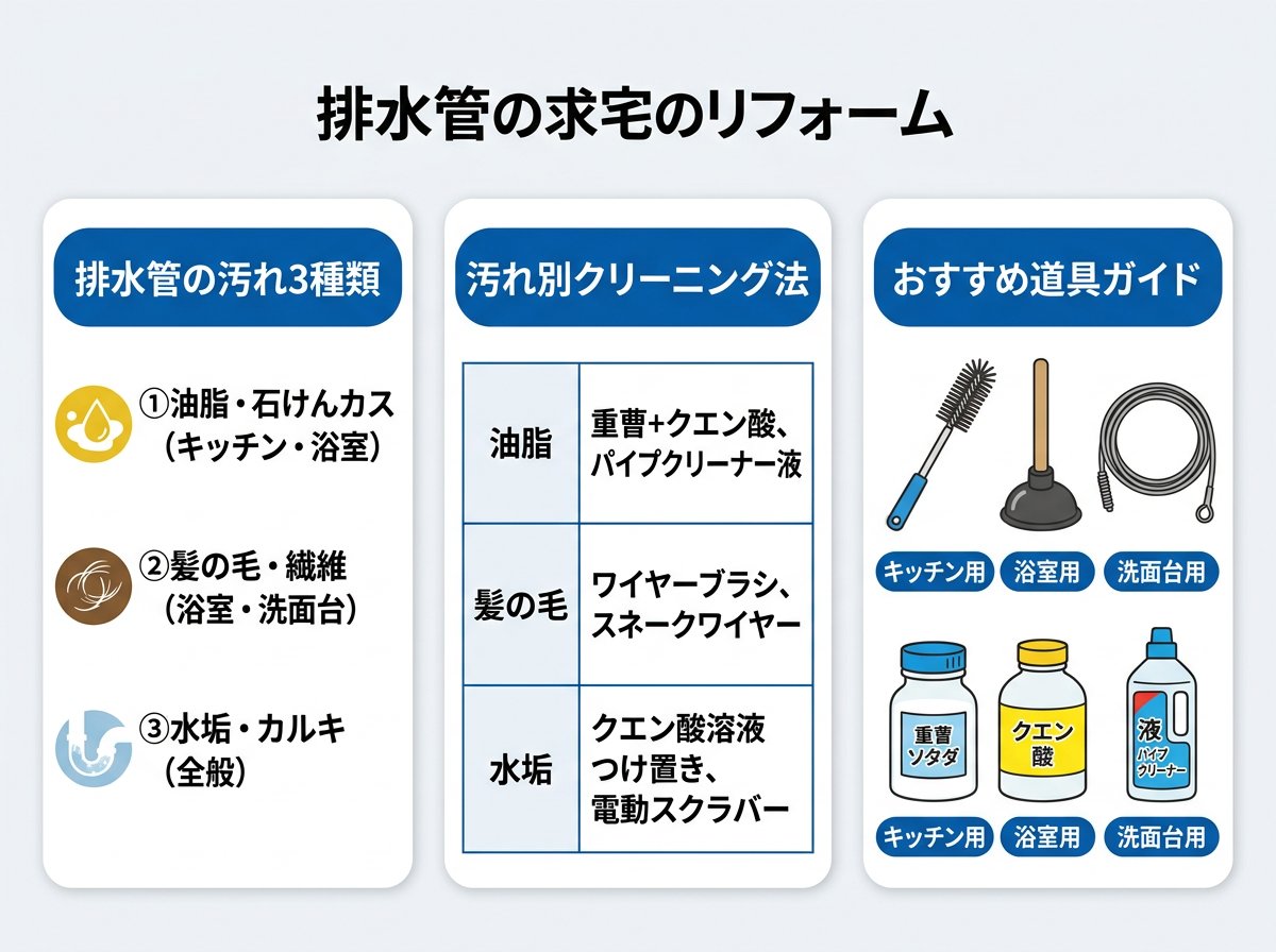 排水管の汚れ種類別クリーニング方法と道具選び