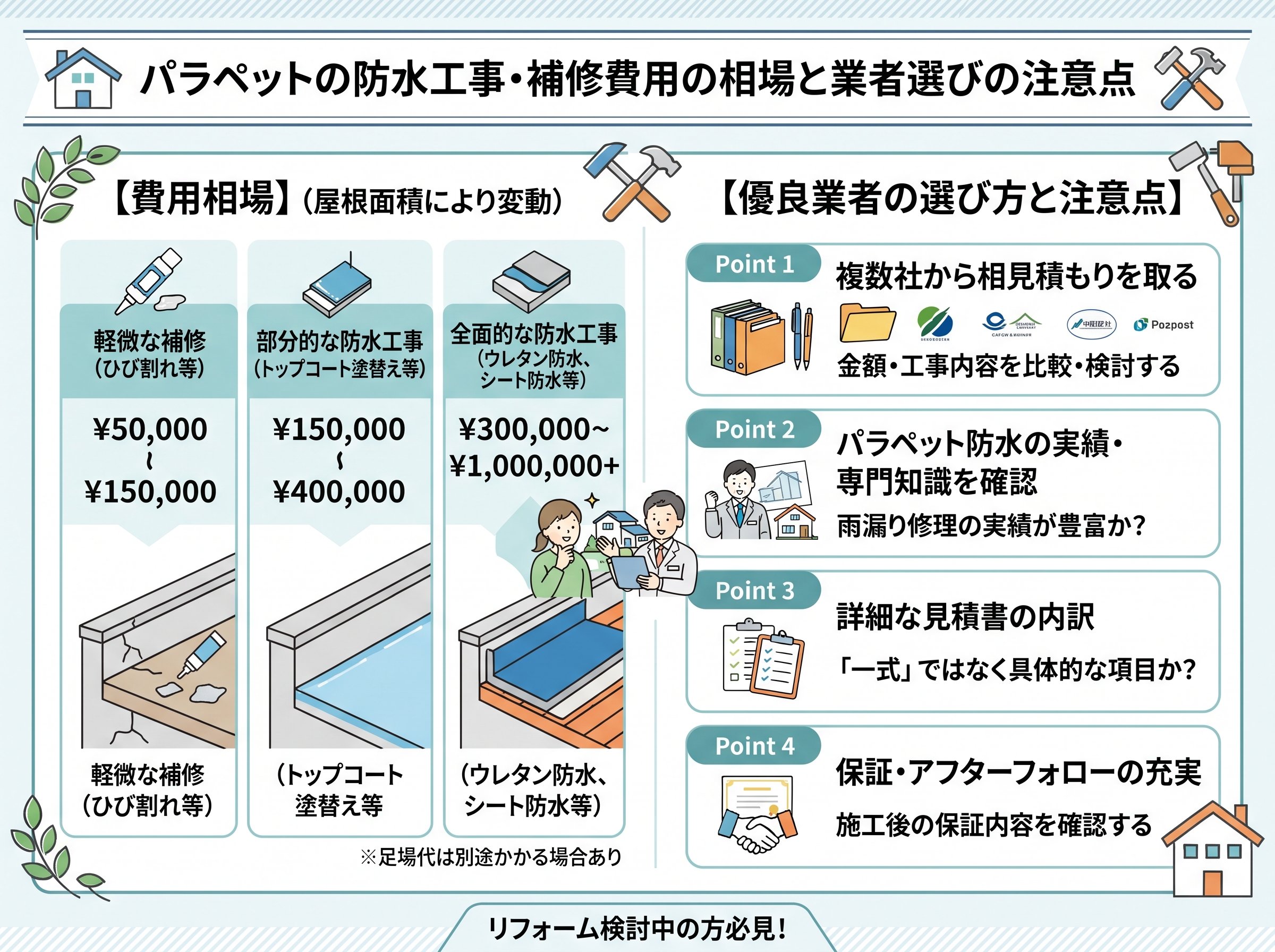 パラペットの防水工事・補修費用の相場と業者選びの注意点