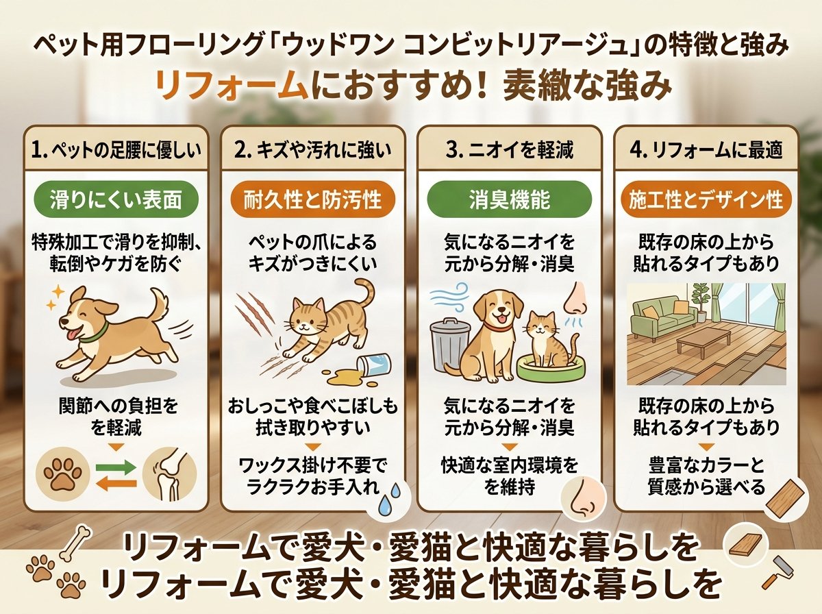 ペット用フローリング「ウッドワン コンビットリアージュ」の特徴と強み