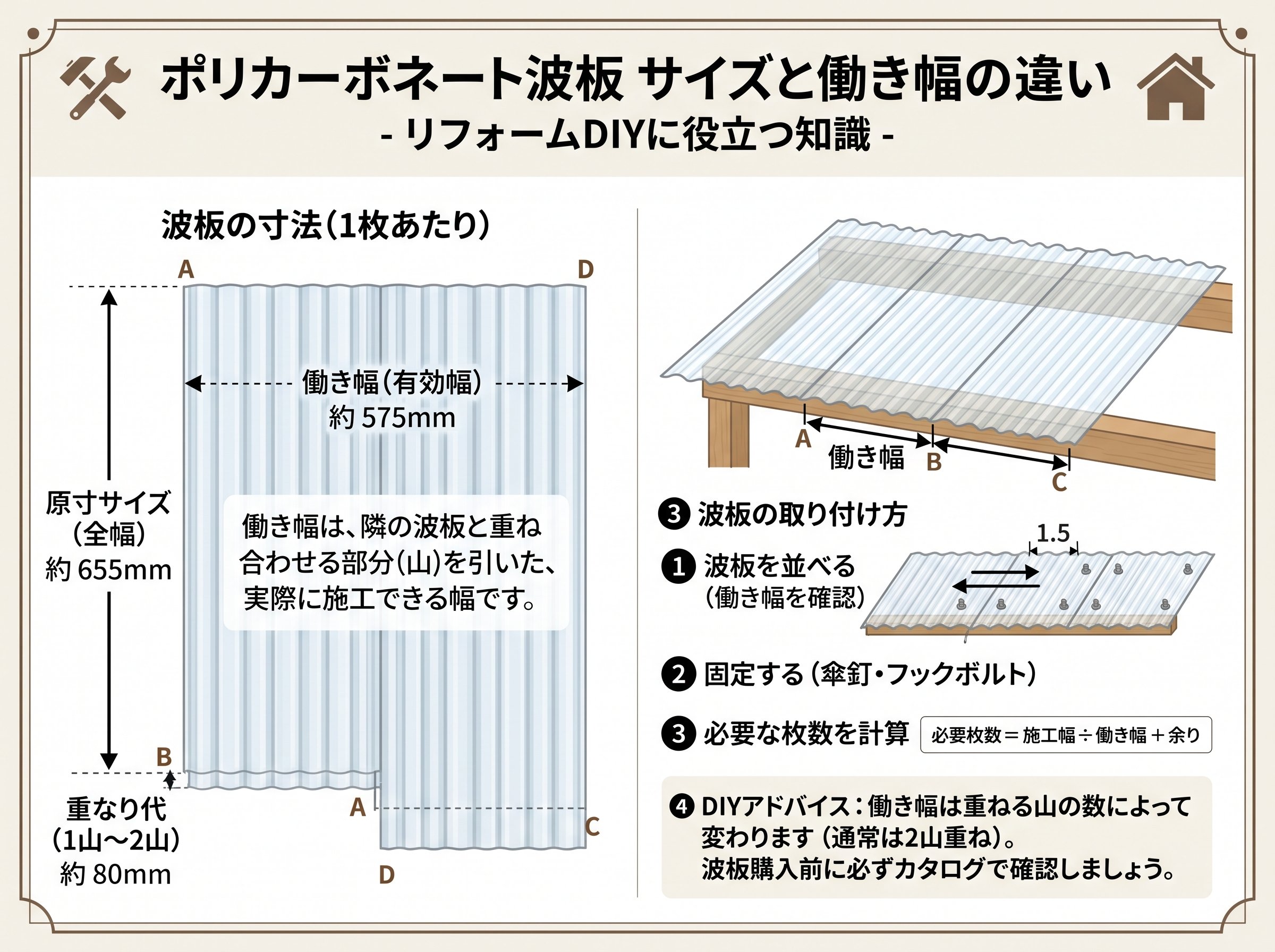 ポリカーボネート波板 サイズと働き幅の違い