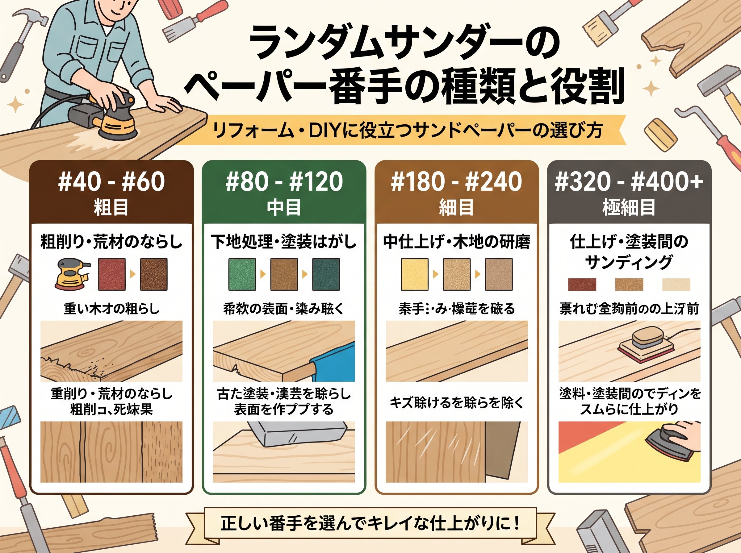 ランダムサンダーのペーパー番手の種類と役割