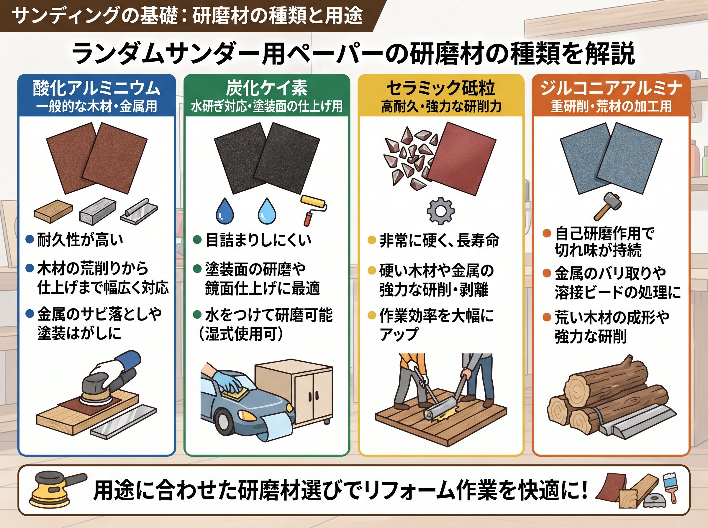 ランダムサンダー用ペーパーの研磨材の種類