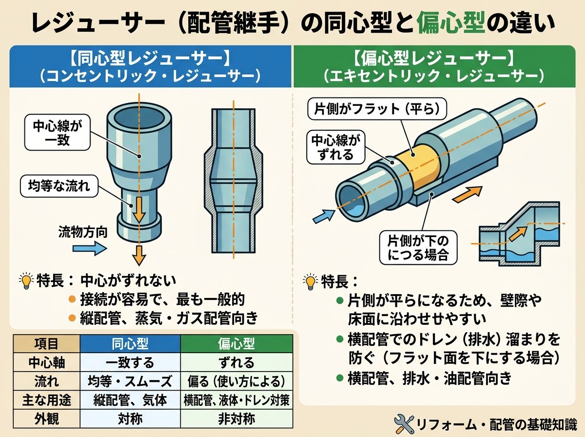 レジューサーの配管における同心型と偏心型の違い