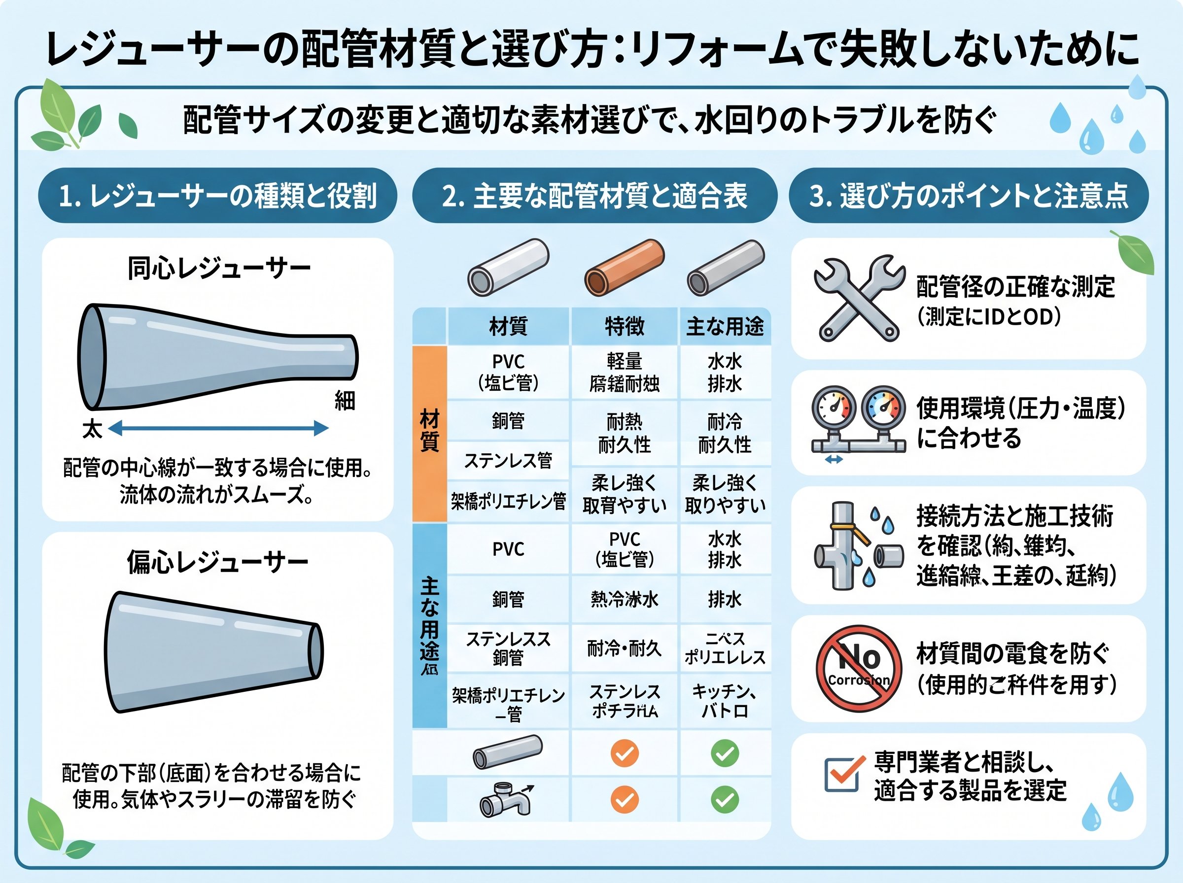 レジューサーの配管材質と選び方:リフォームで失敗しないために
