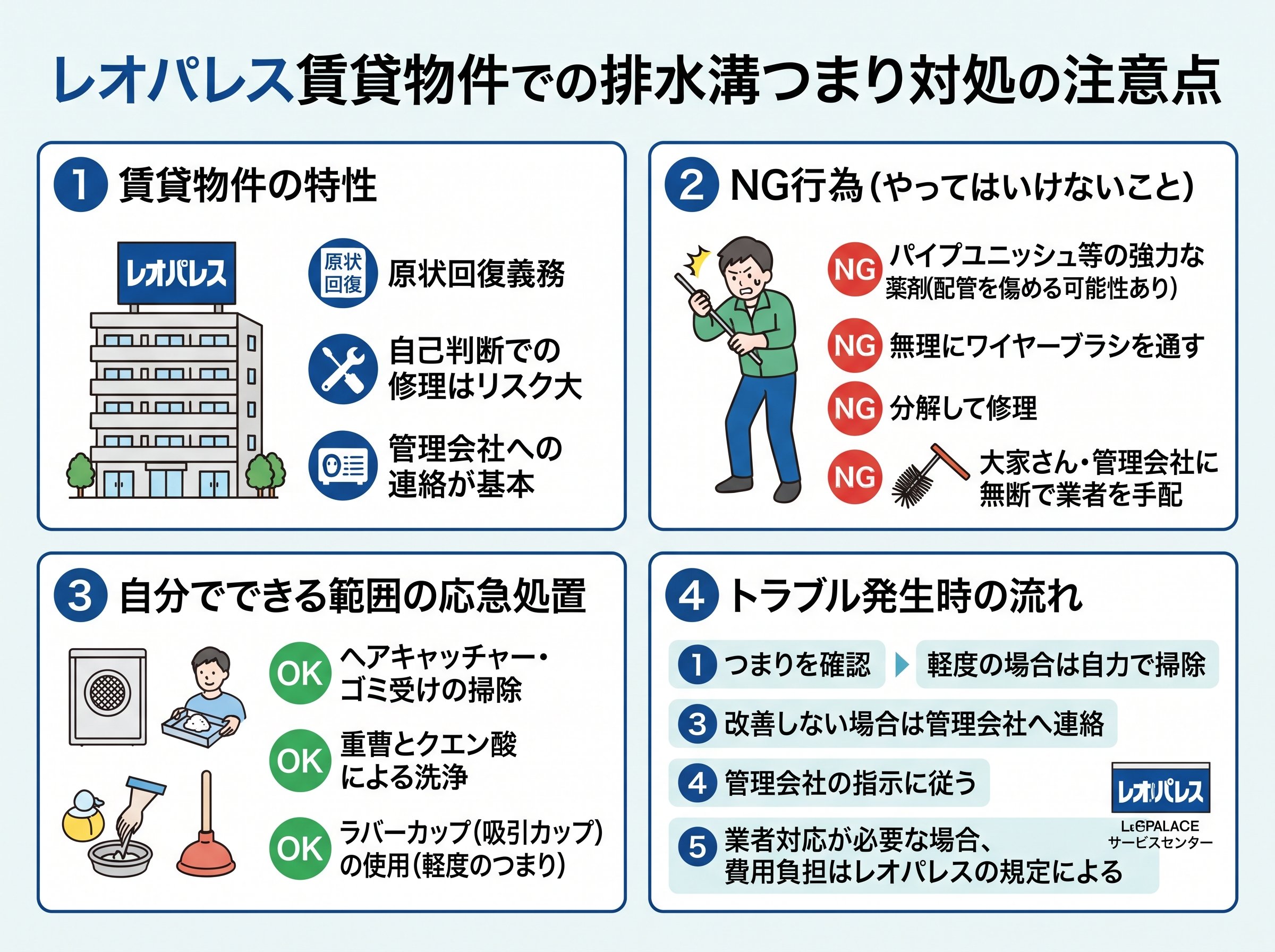 レオパレス賃貸物件での排水溝つまり対処の注意点