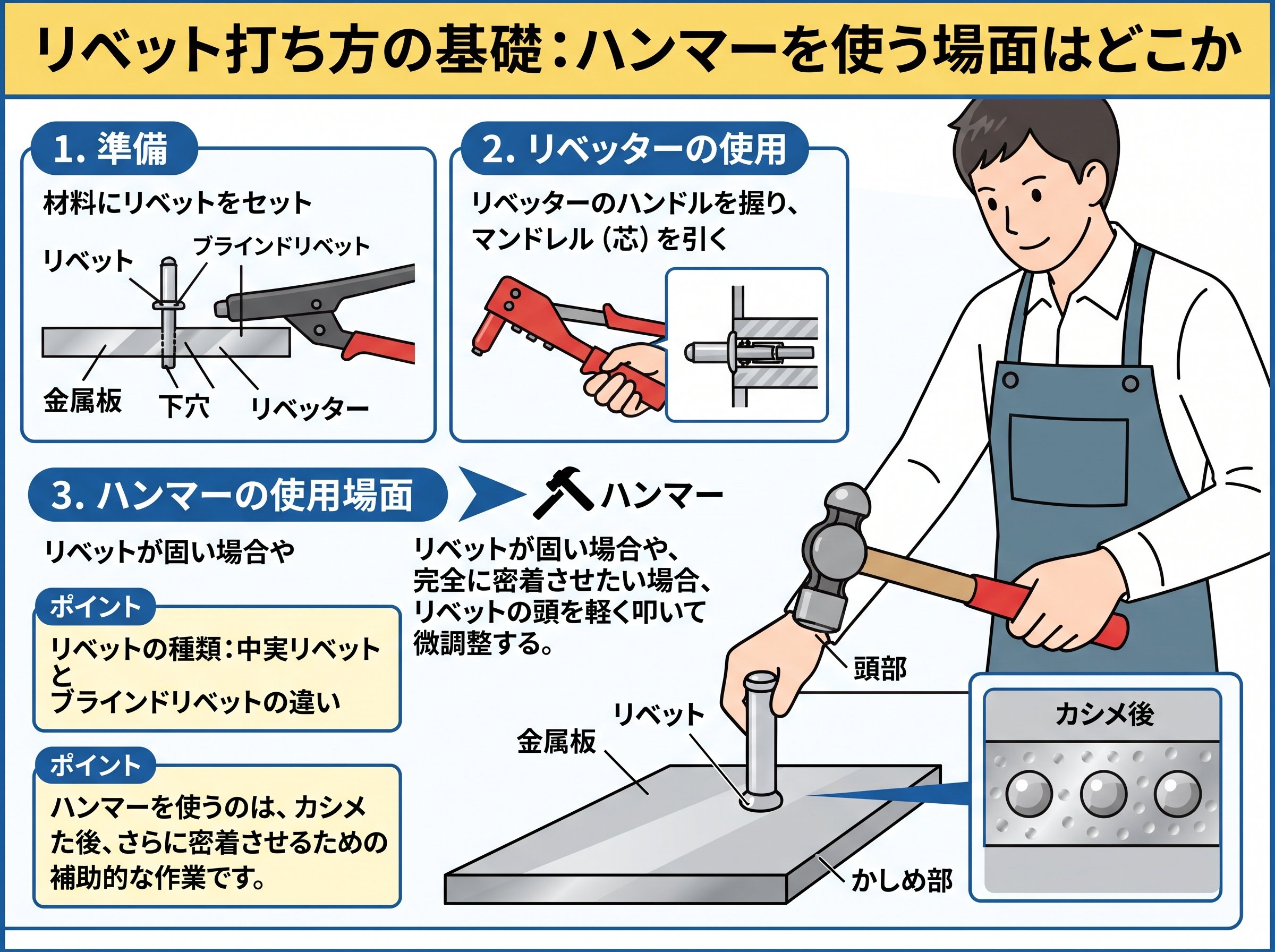 リベット打ち方の基礎:ハンマーを使う場面はどこか