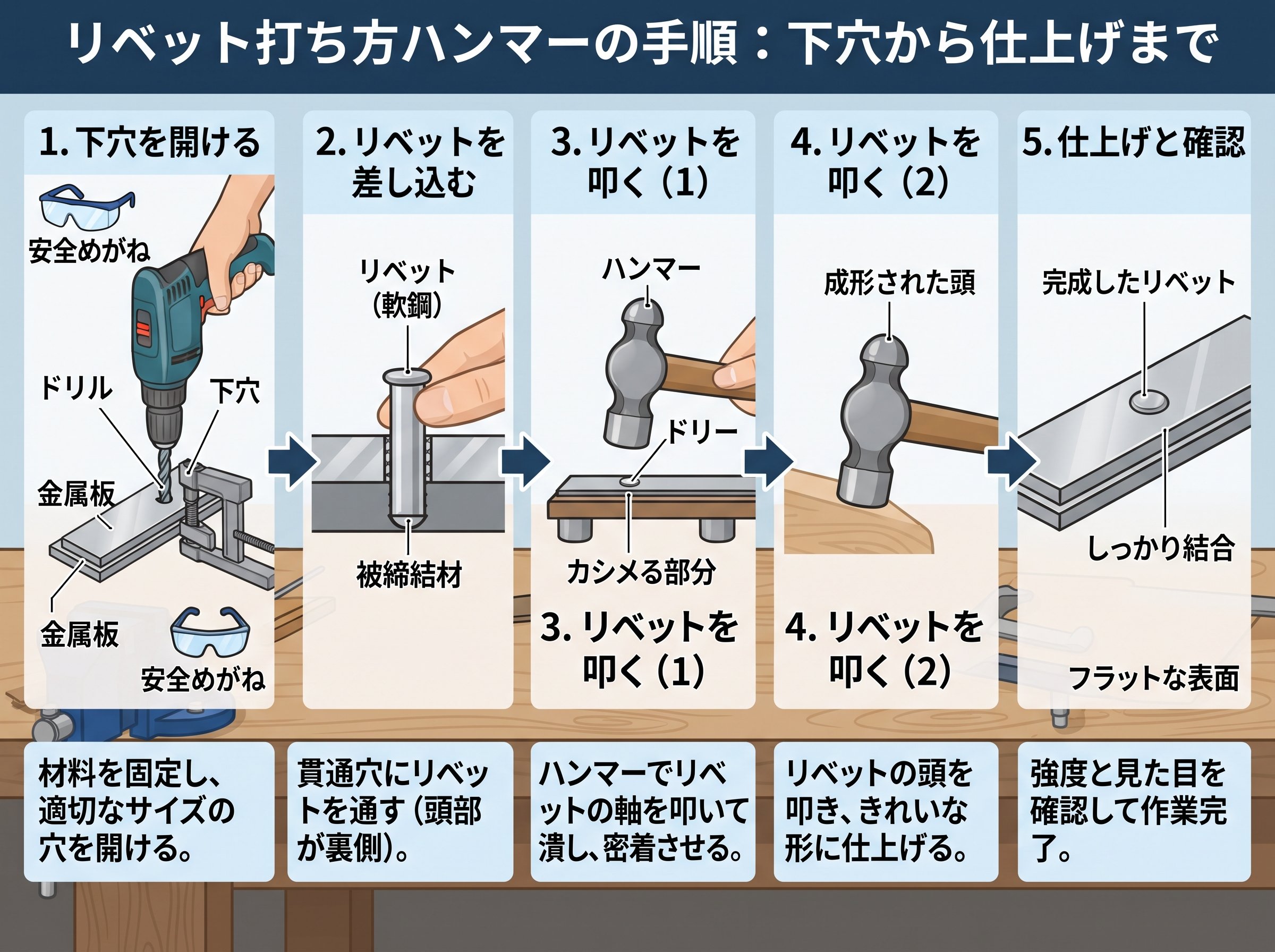 リベット打ち方ハンマーの手順:下穴から仕上げまで