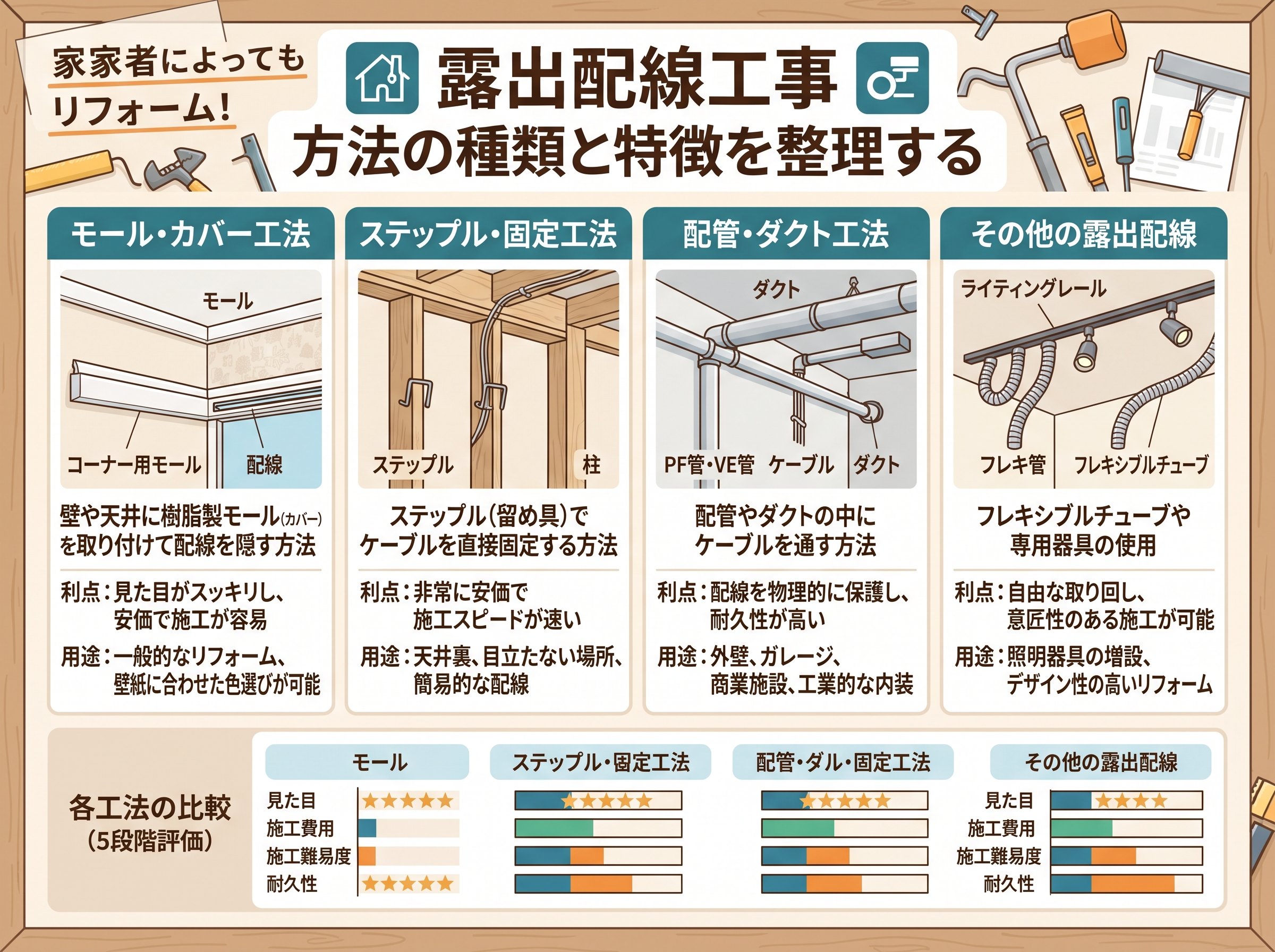 露出配線工事 方法の種類と特徴を整理する