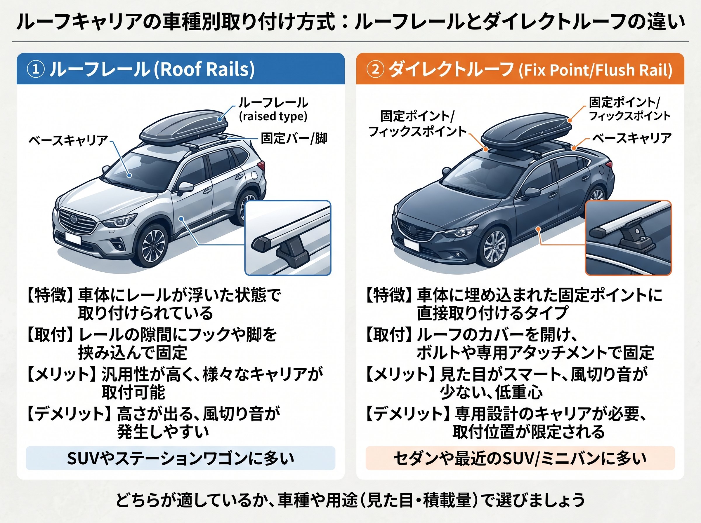 ルーフキャリアの車種別取り付け方式:ルーフレールとダイレクトルーフの違い