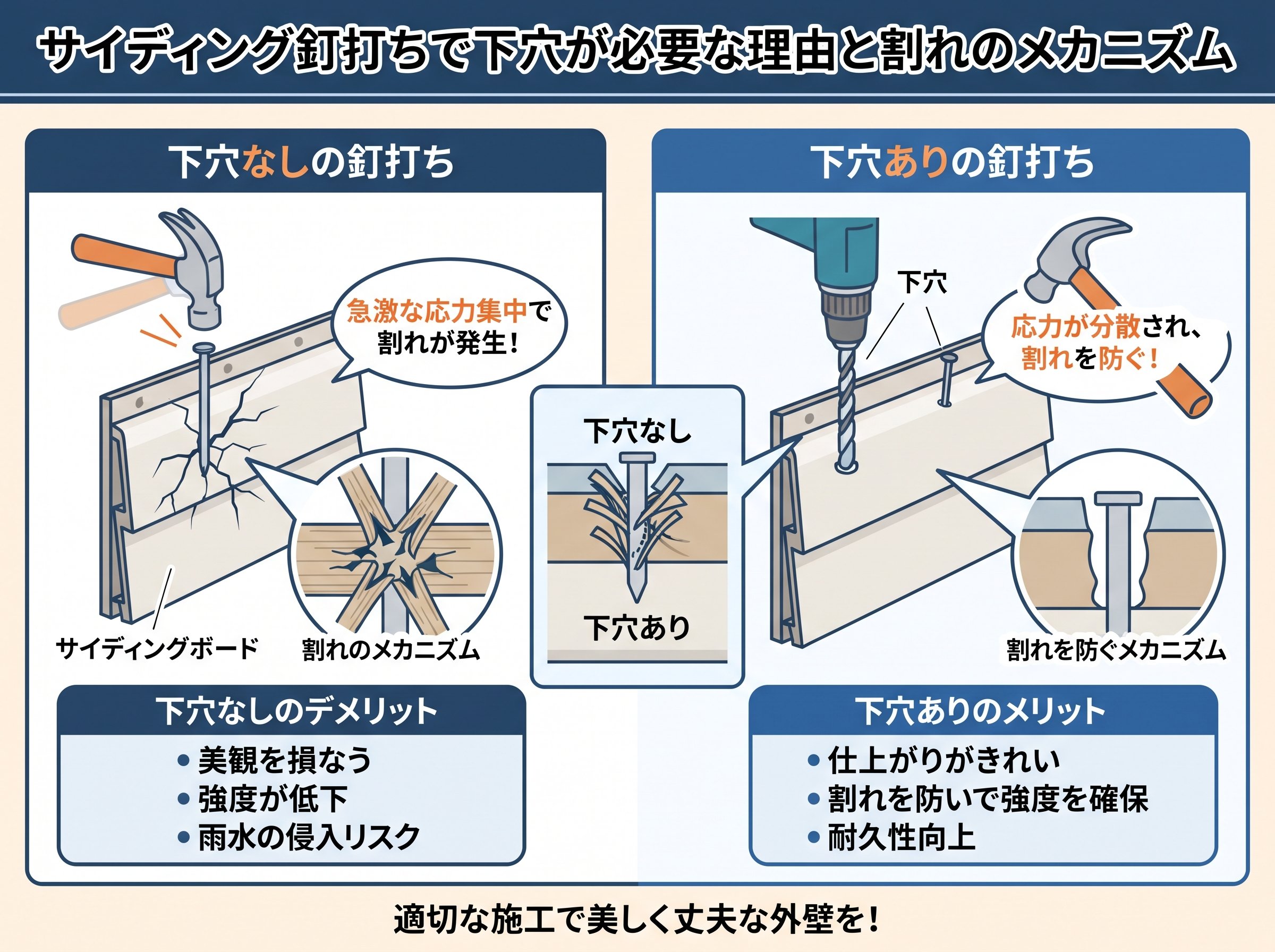 サイディング釘打ちで下穴が必要な理由と割れのメカニズム