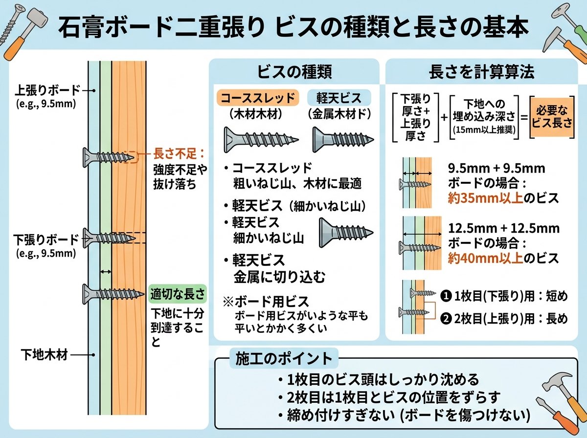 石膏ボード二重張り ビスの種類と長さの基本