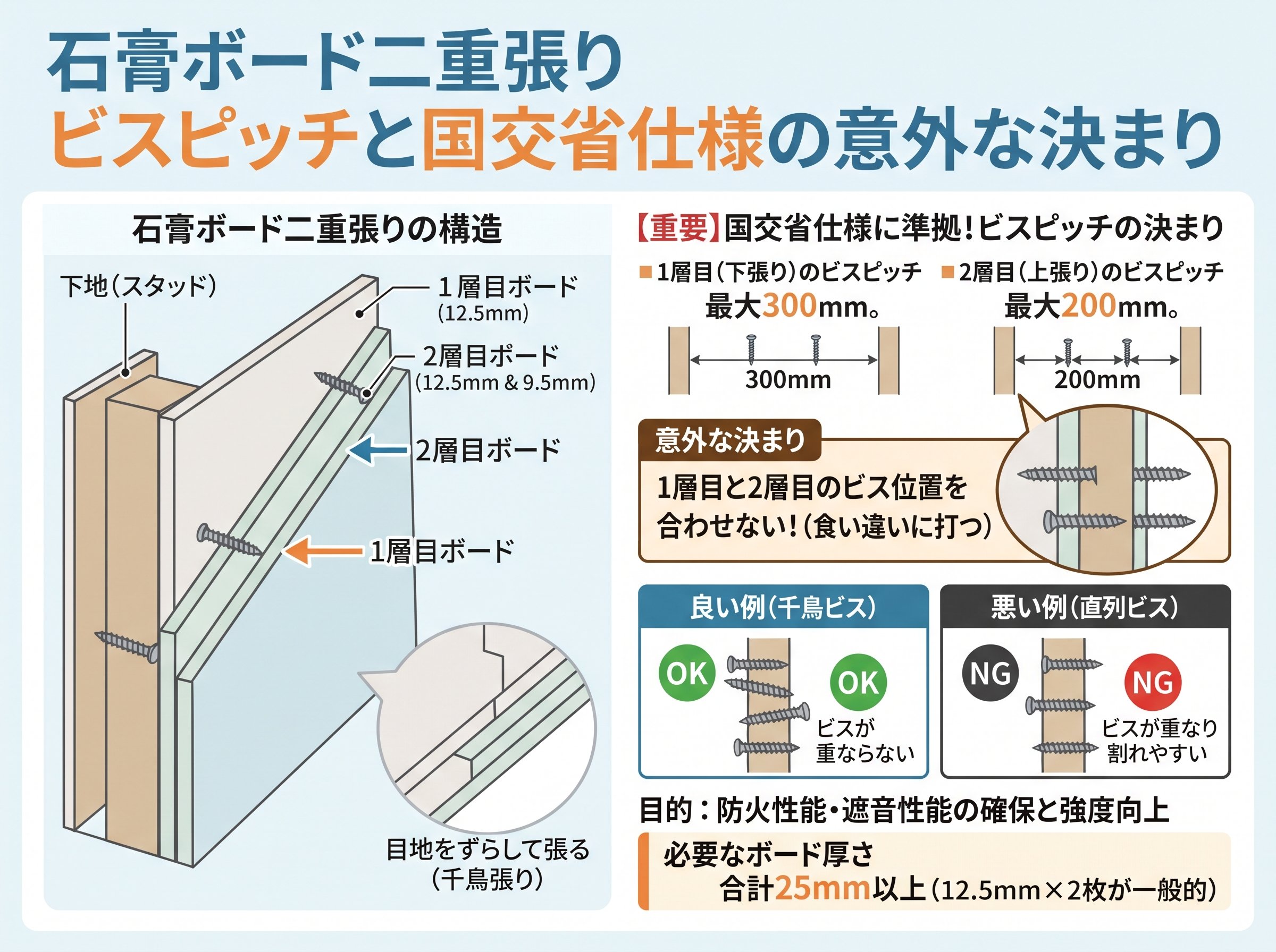 石膏ボード二重張り ビスピッチと国交省仕様の意外な決まり