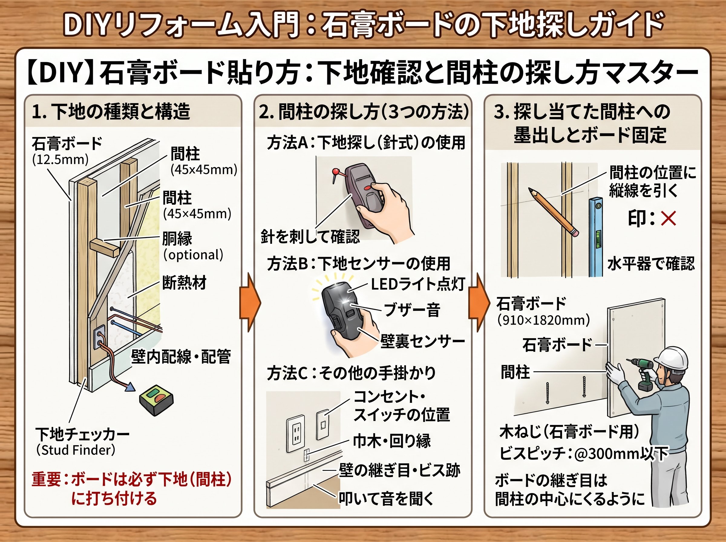 石膏ボード貼り方DIYの下地確認と間柱の探し方