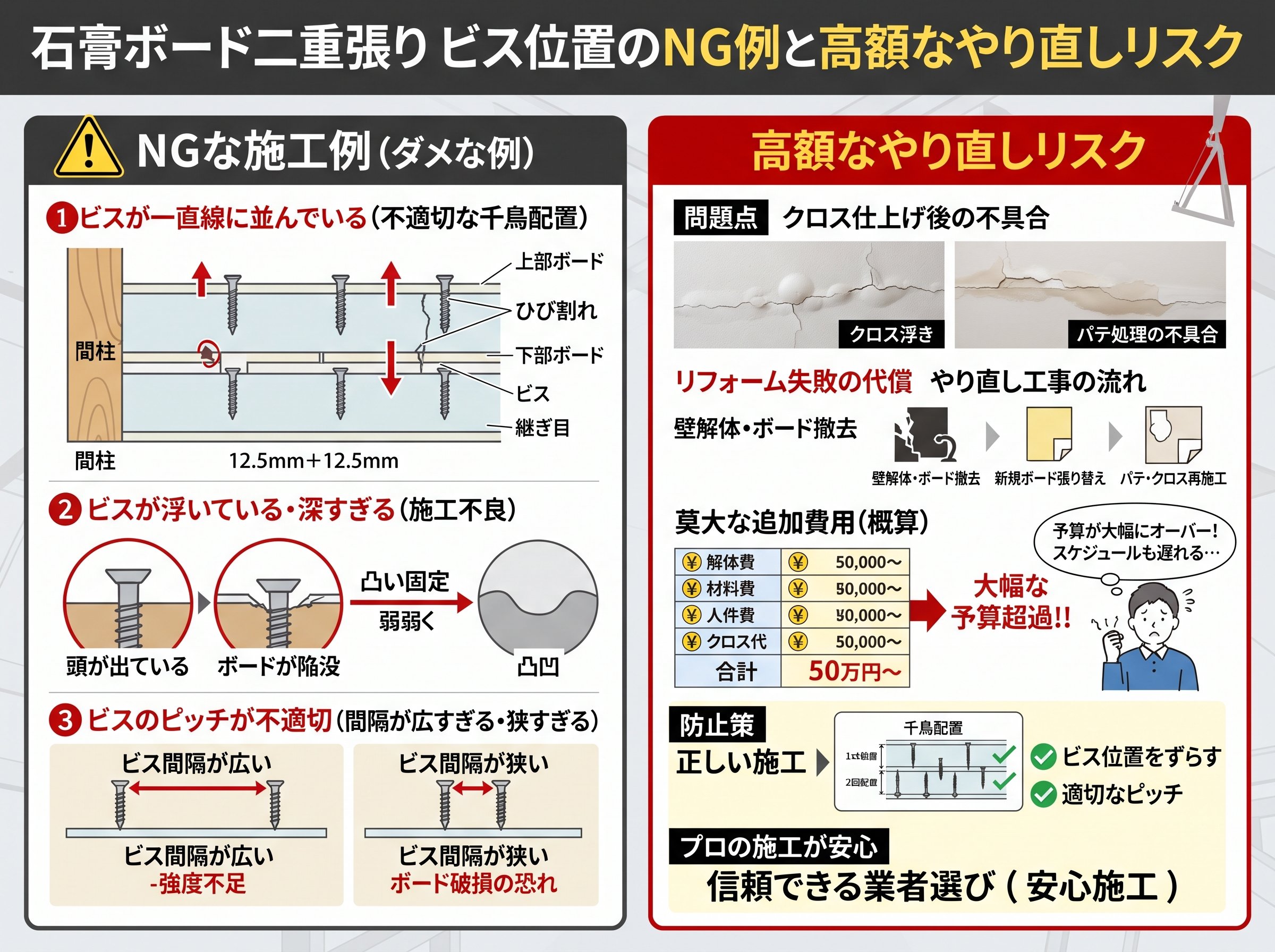 石膏ボード二重張り ビス位置のNG例と高額なやり直しリスク